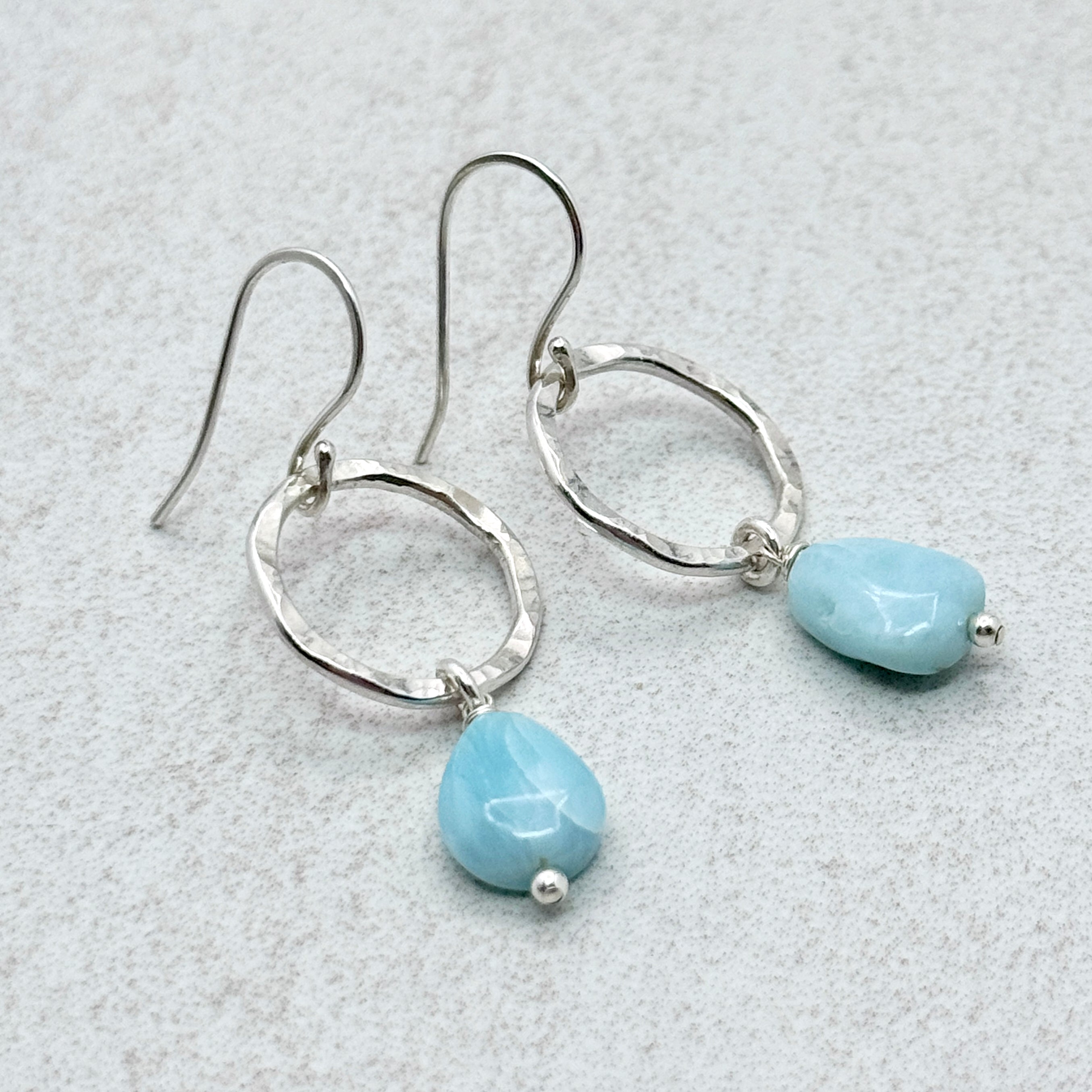 Larimar Hammered Circle 925 Silver Earrings