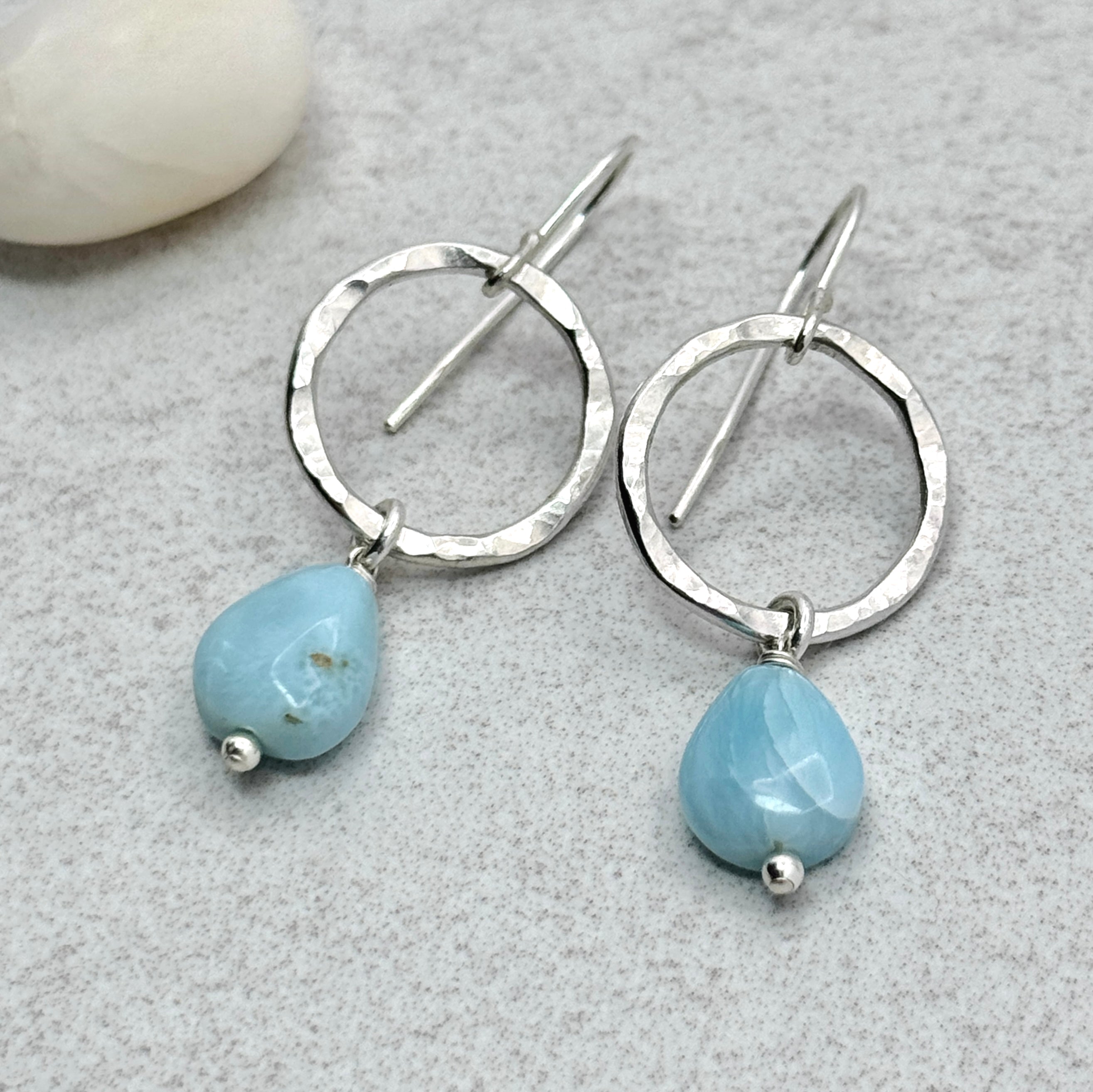 Larimar Hammered Circle 925 Silver Earrings