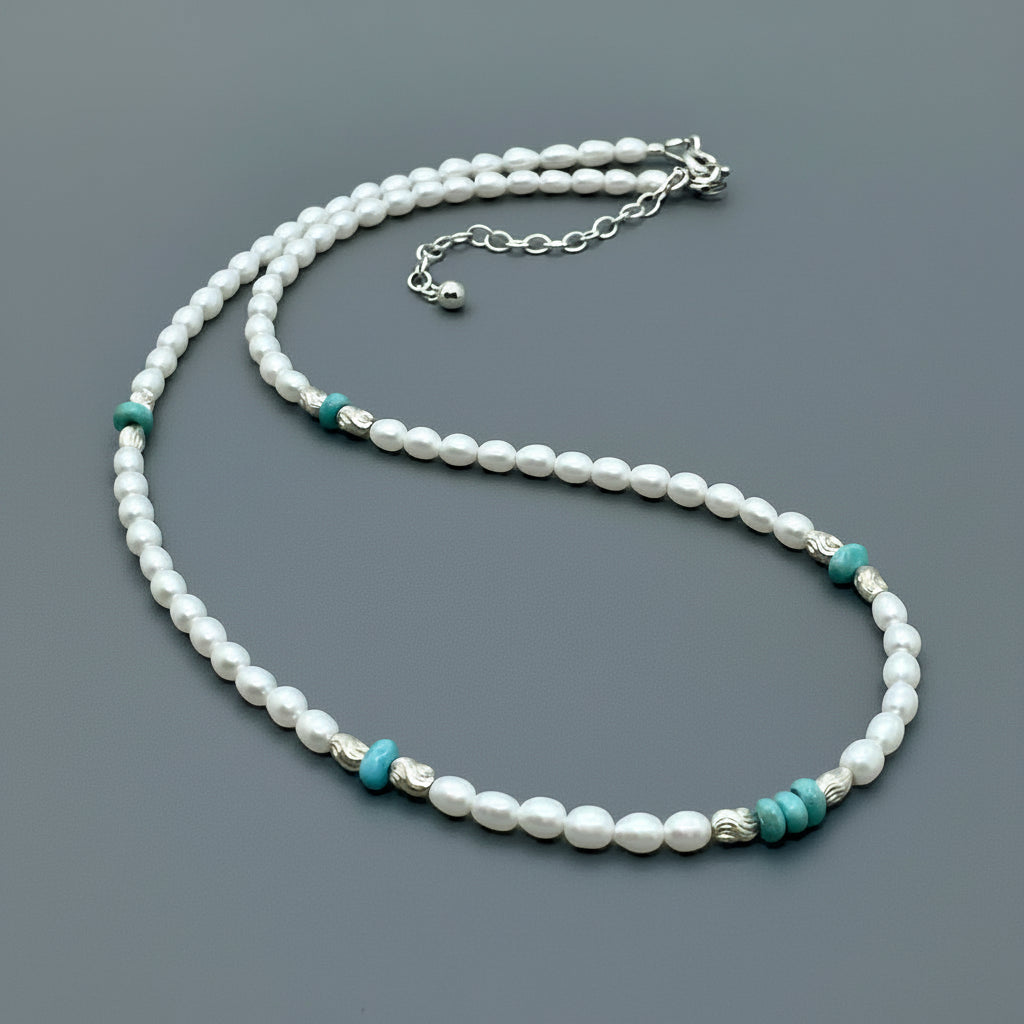 Pearl, Campitos Turquoise, & Silver Necklace