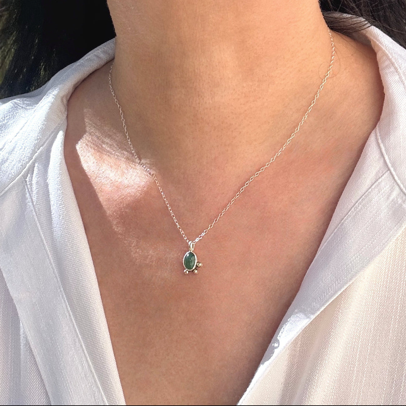 Emerald Silver Pendant With 14K Gold Accents
