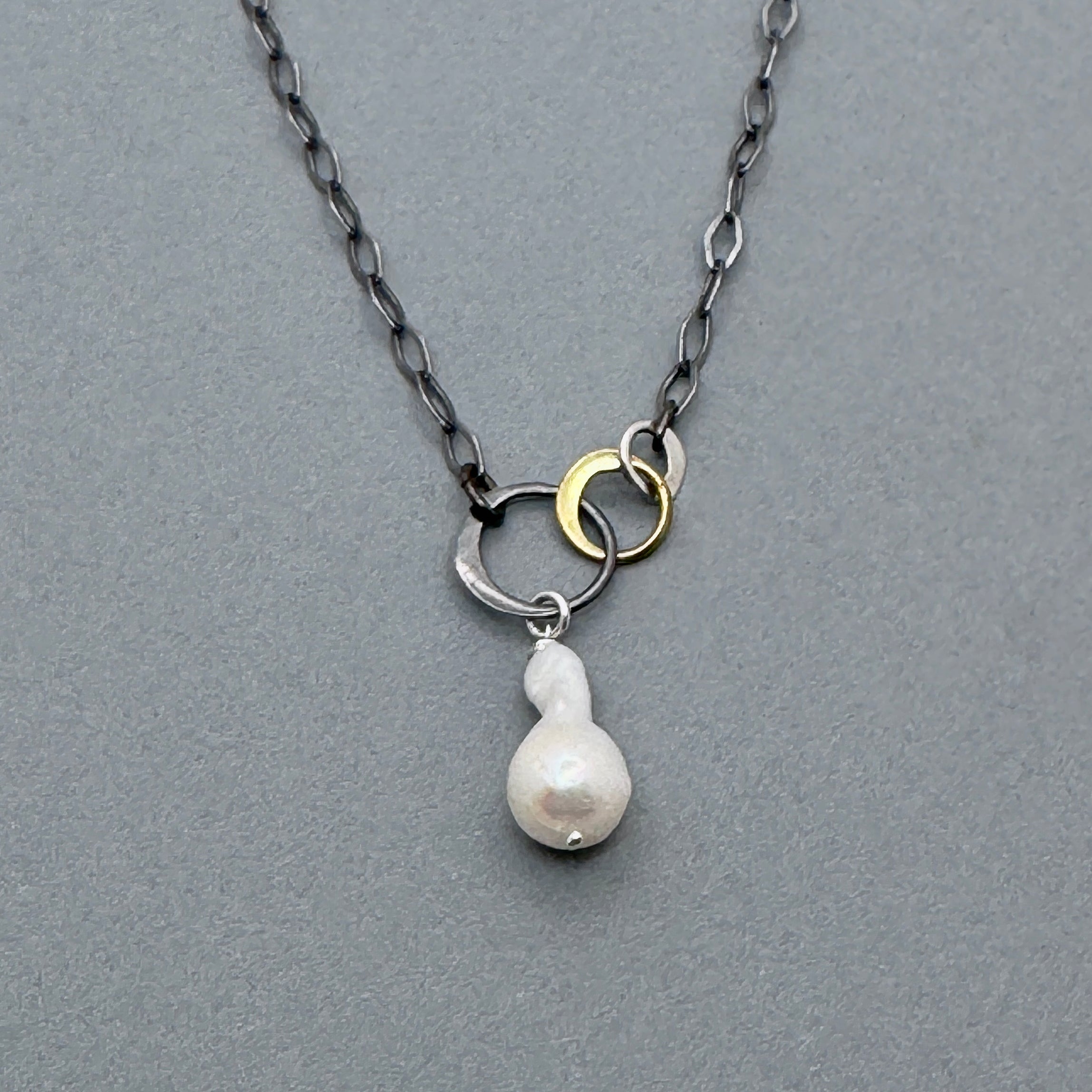 White Fireball Pearl Oxidized Silver Necklace