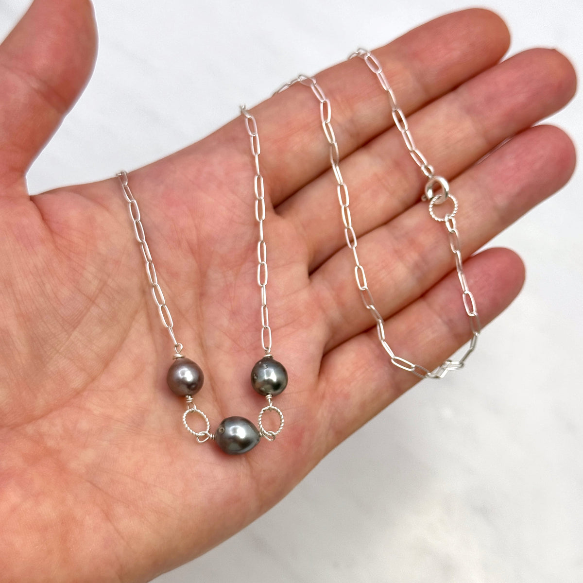Tahitian Pearl 925 Silver Paperclip Necklace