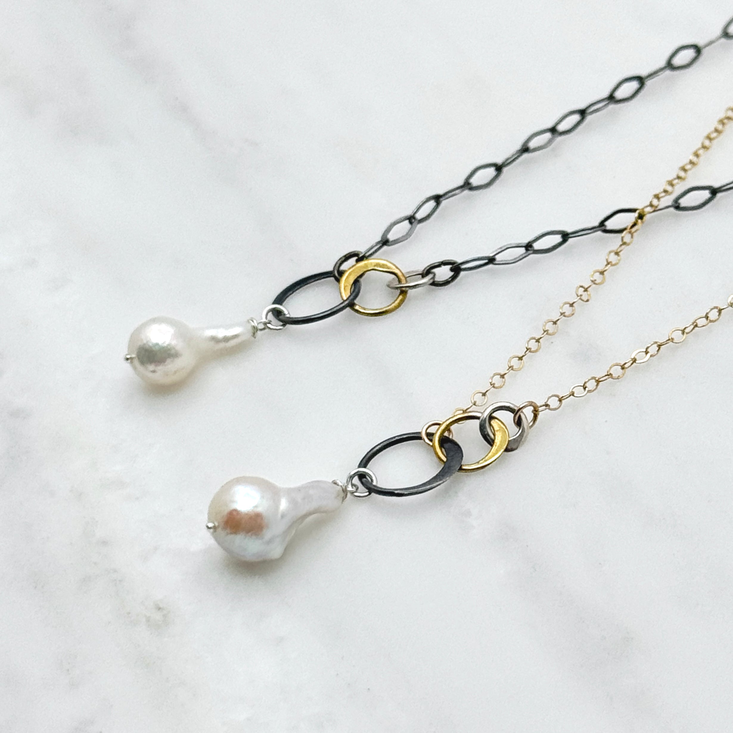 White Fireball Pearl Oxidized Silver Necklace