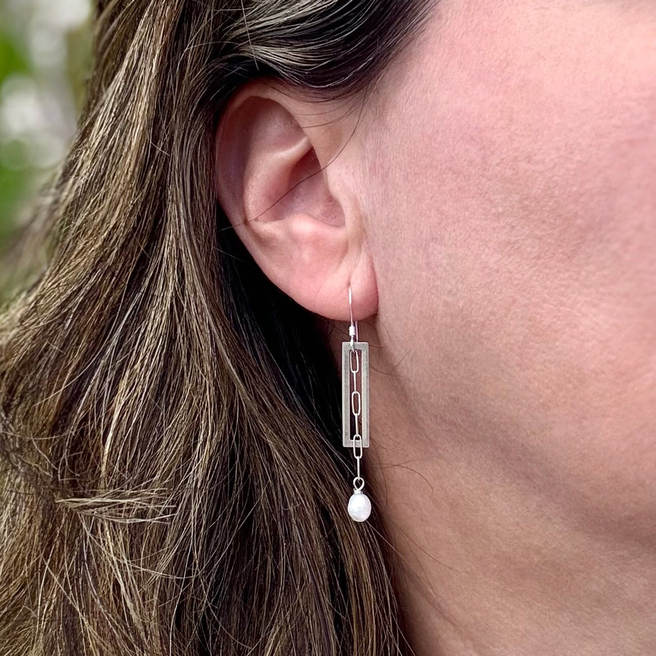 Sterling Silver Paperclip Pearl Drop Earrings