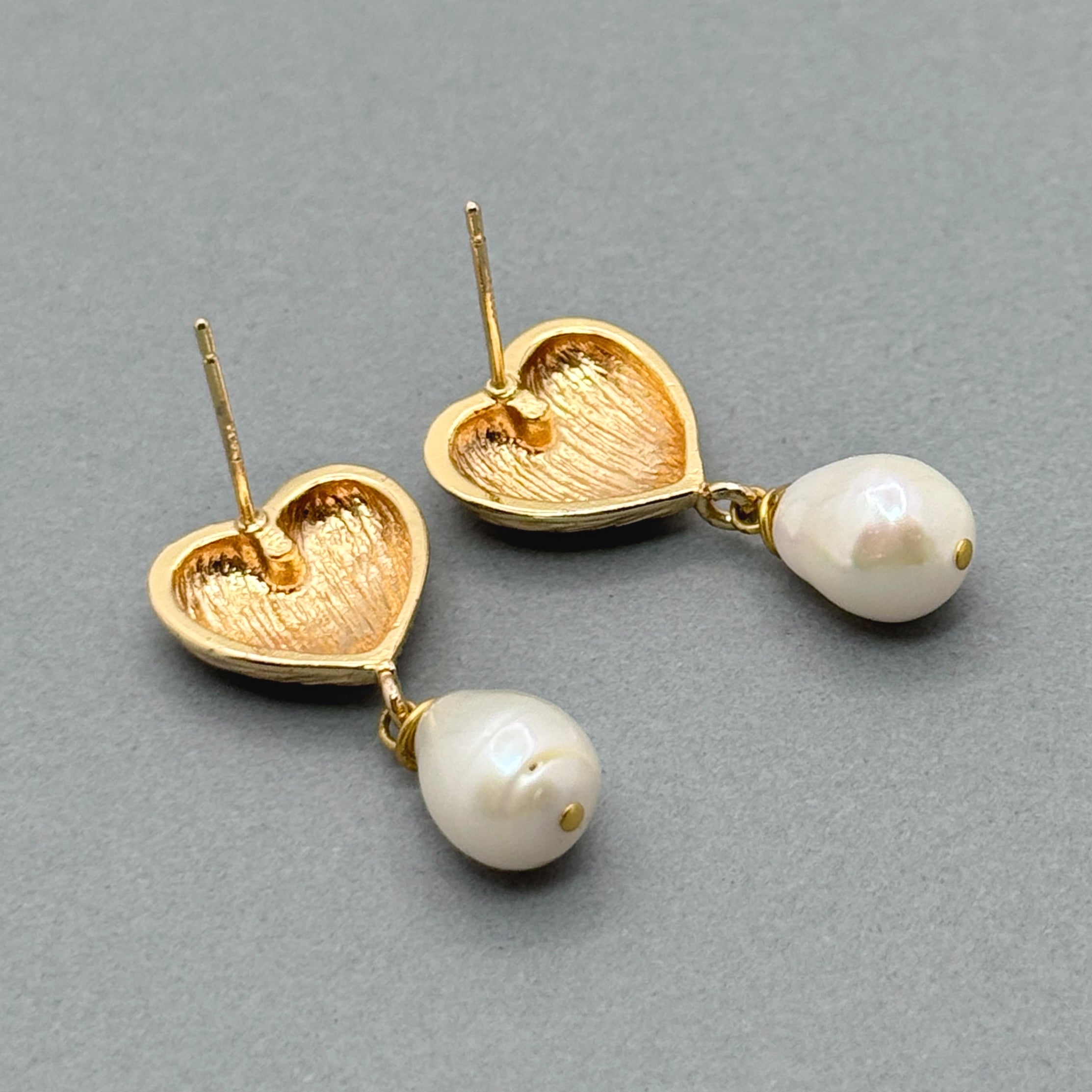 Gold Textured Heart & Pearl Drop Earrings