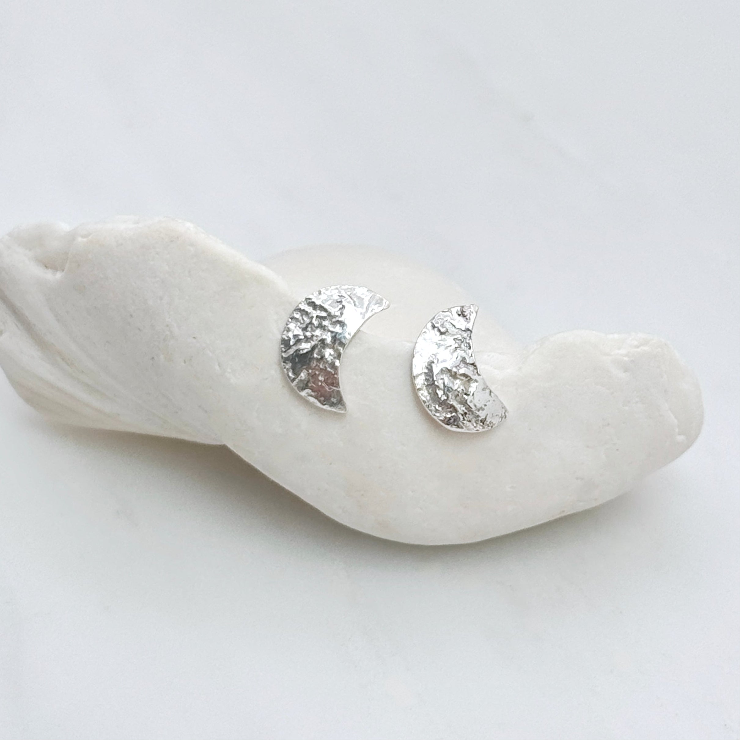 Textured Crescent Moon Silver Stud Earrings