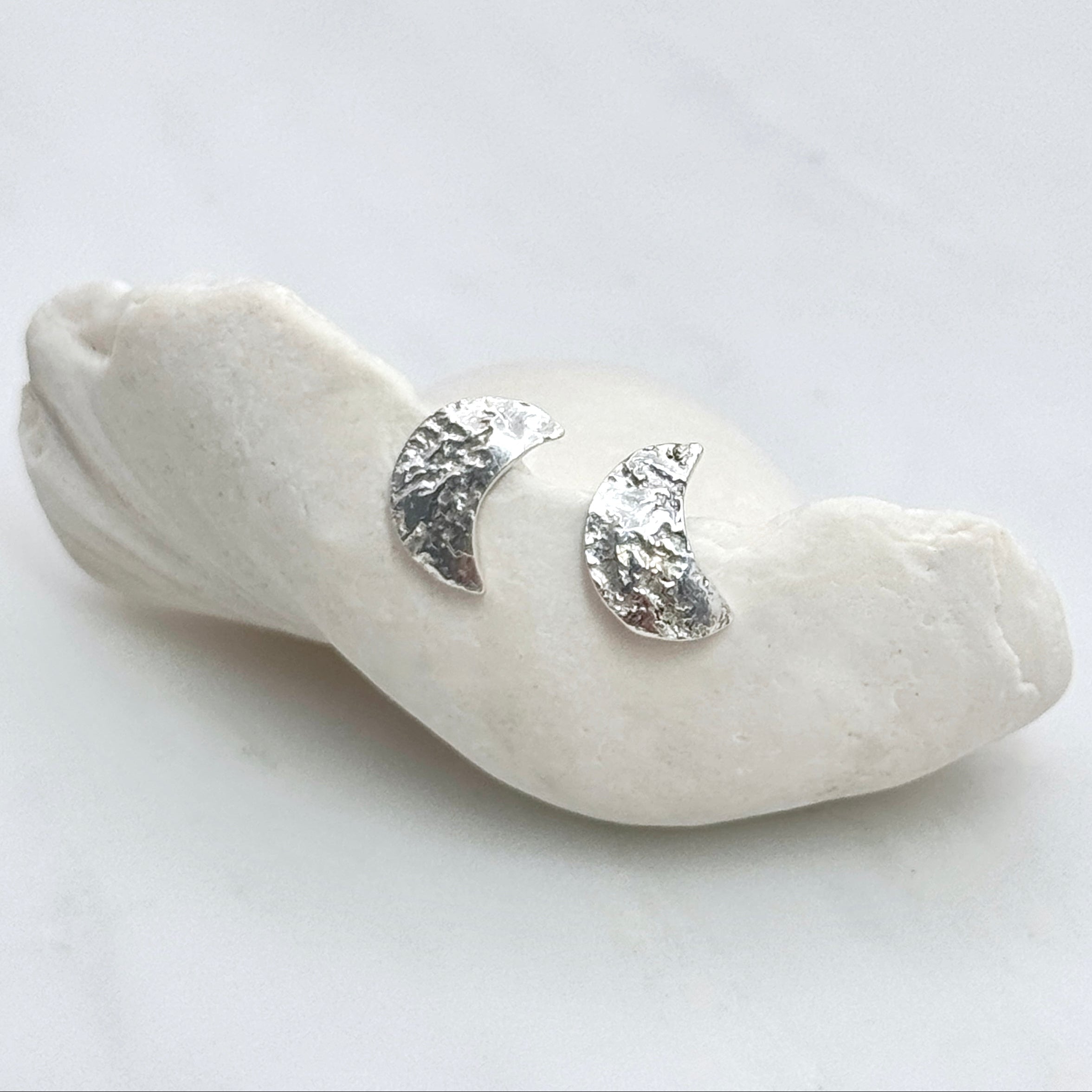 Textured Crescent Moon Silver Stud Earrings