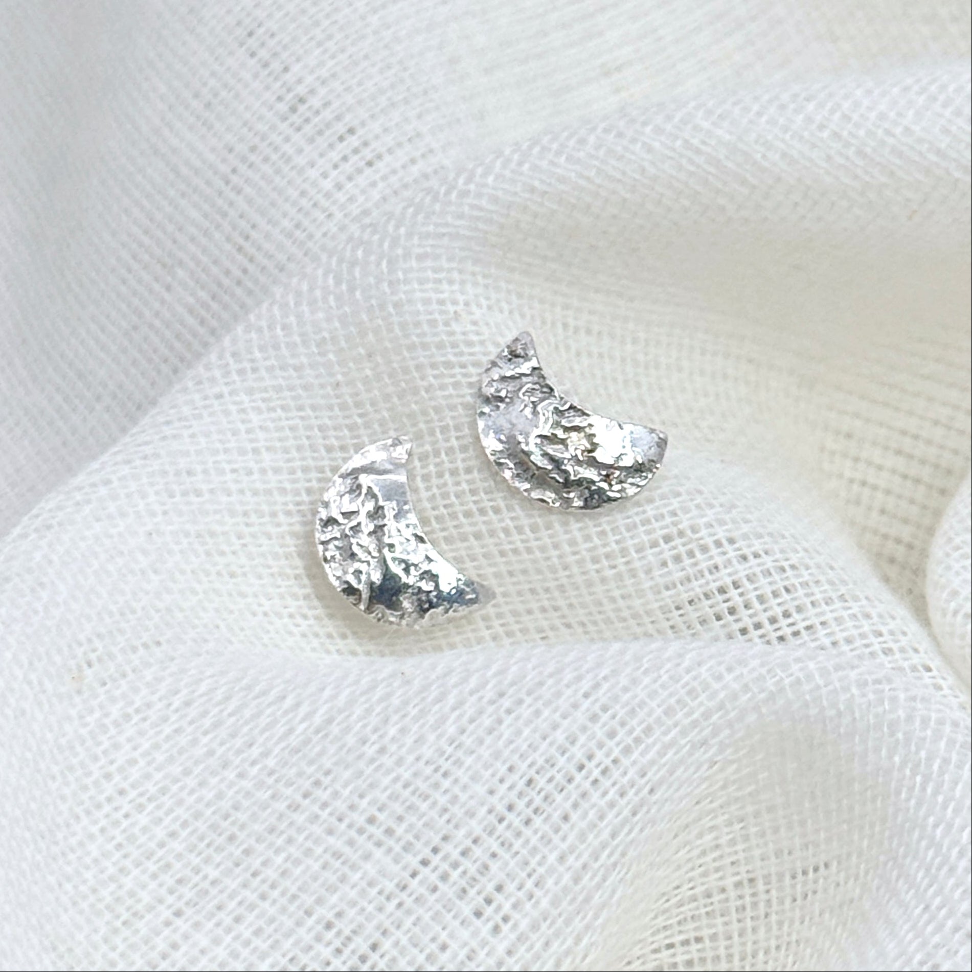 Textured Crescent Moon Silver Stud Earrings