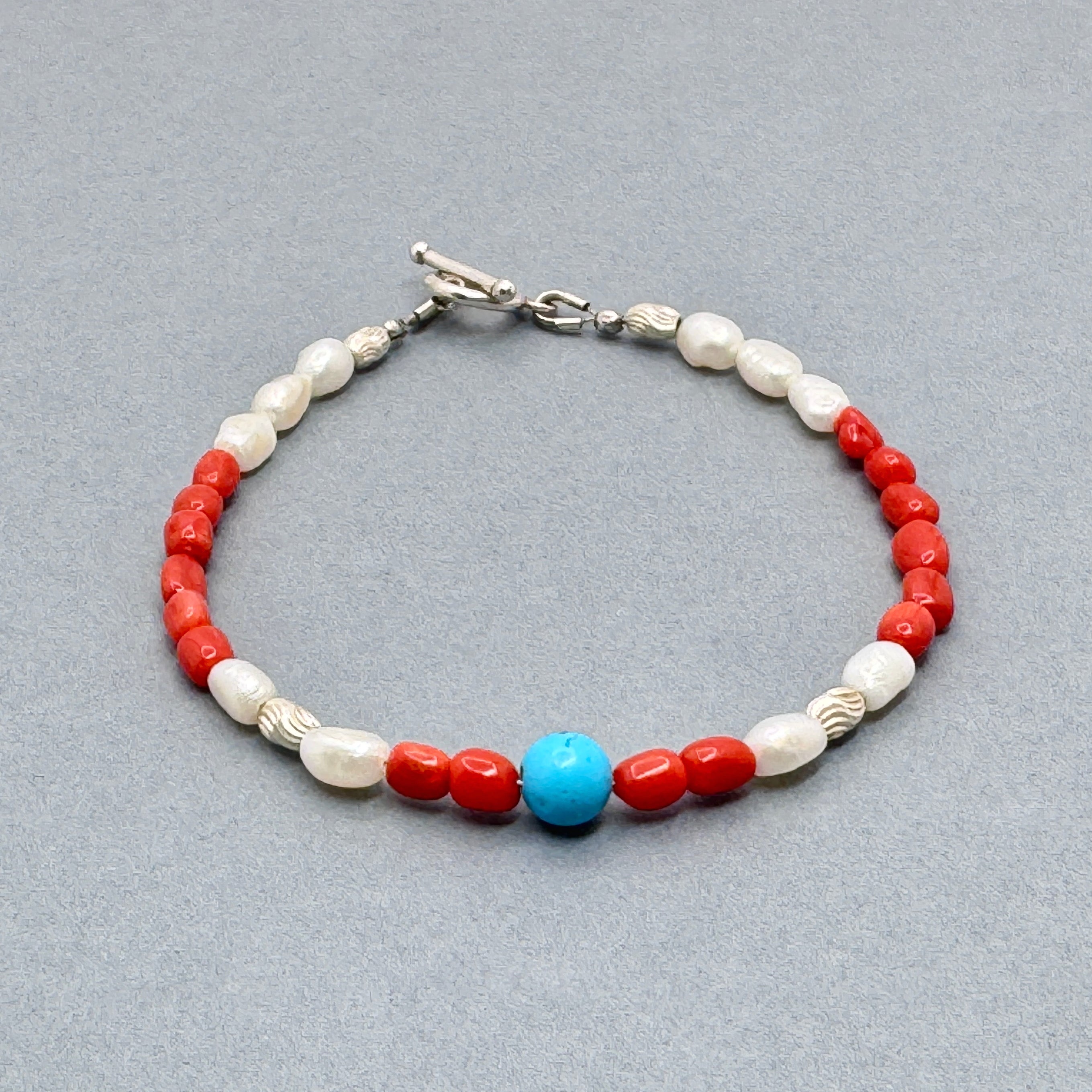 Turquoise, Coral & Pearl 925 Silver Bracelet