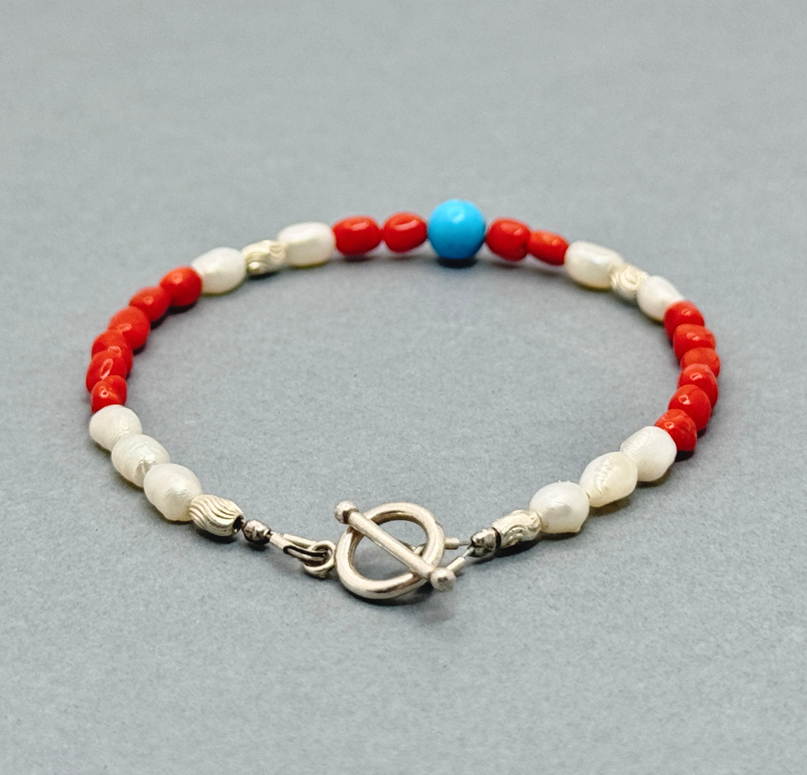 Turquoise, Coral & Pearl 925 Silver Bracelet