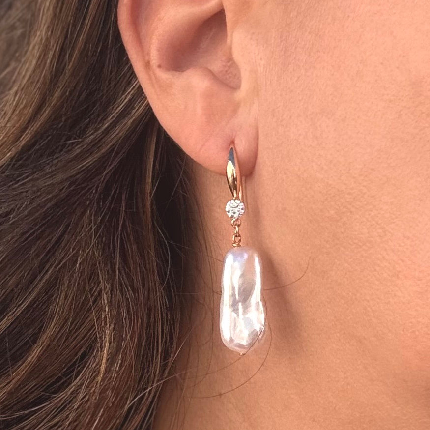 White Baroque Pearl CZ Drop Earrings