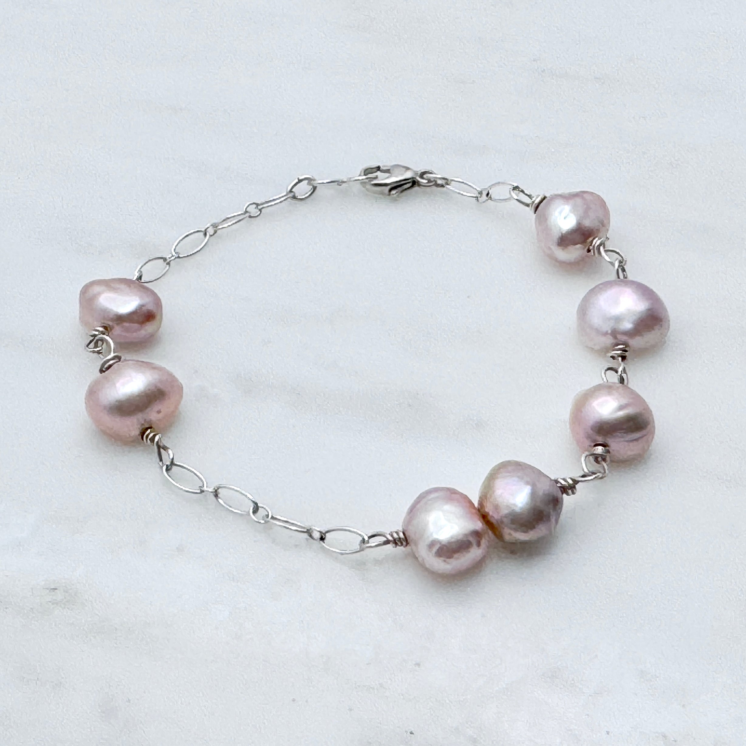 Pink-Lavender Baroque Pearl Silver Bracelet