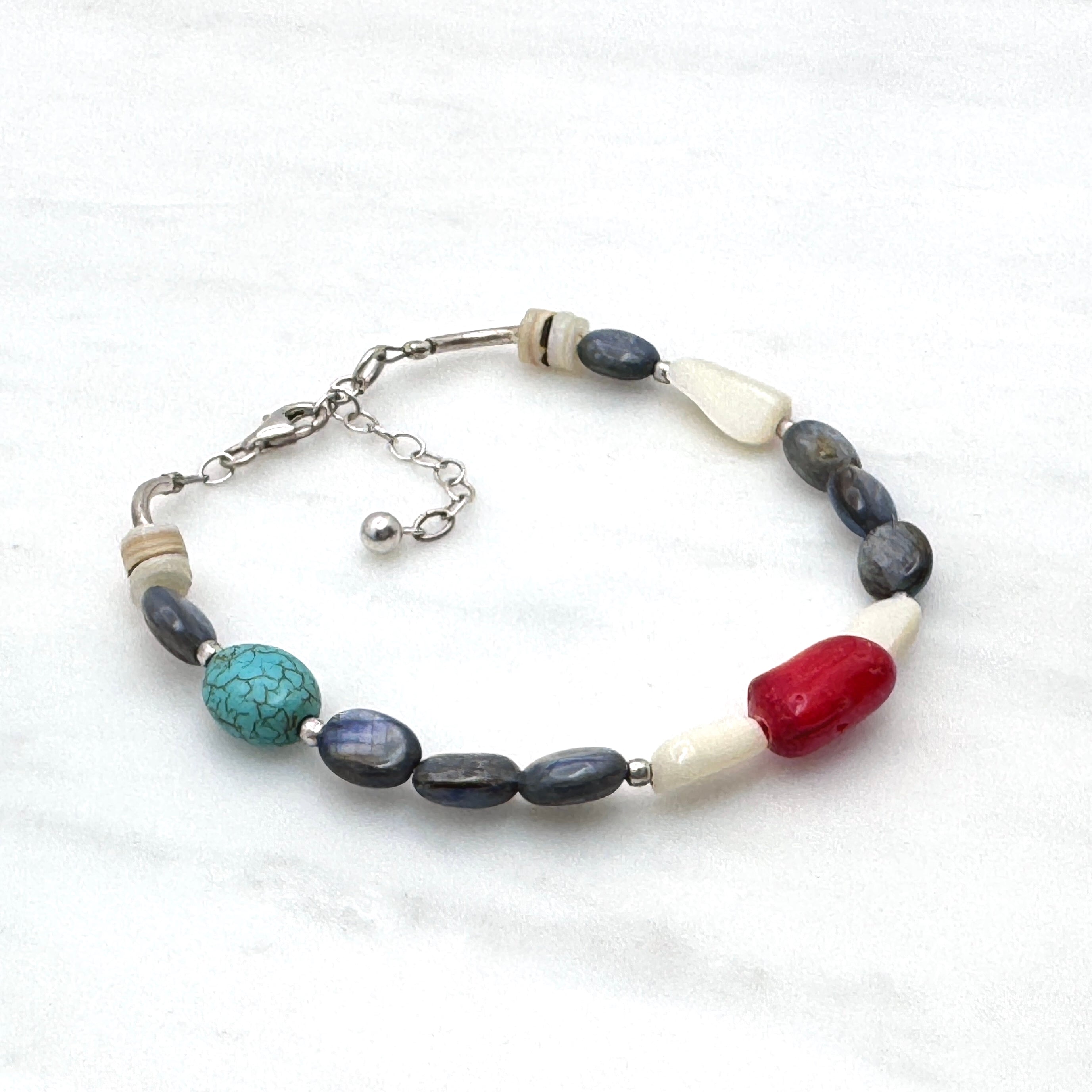 Red Coral & Kyanite Sterling Silver Bracelet