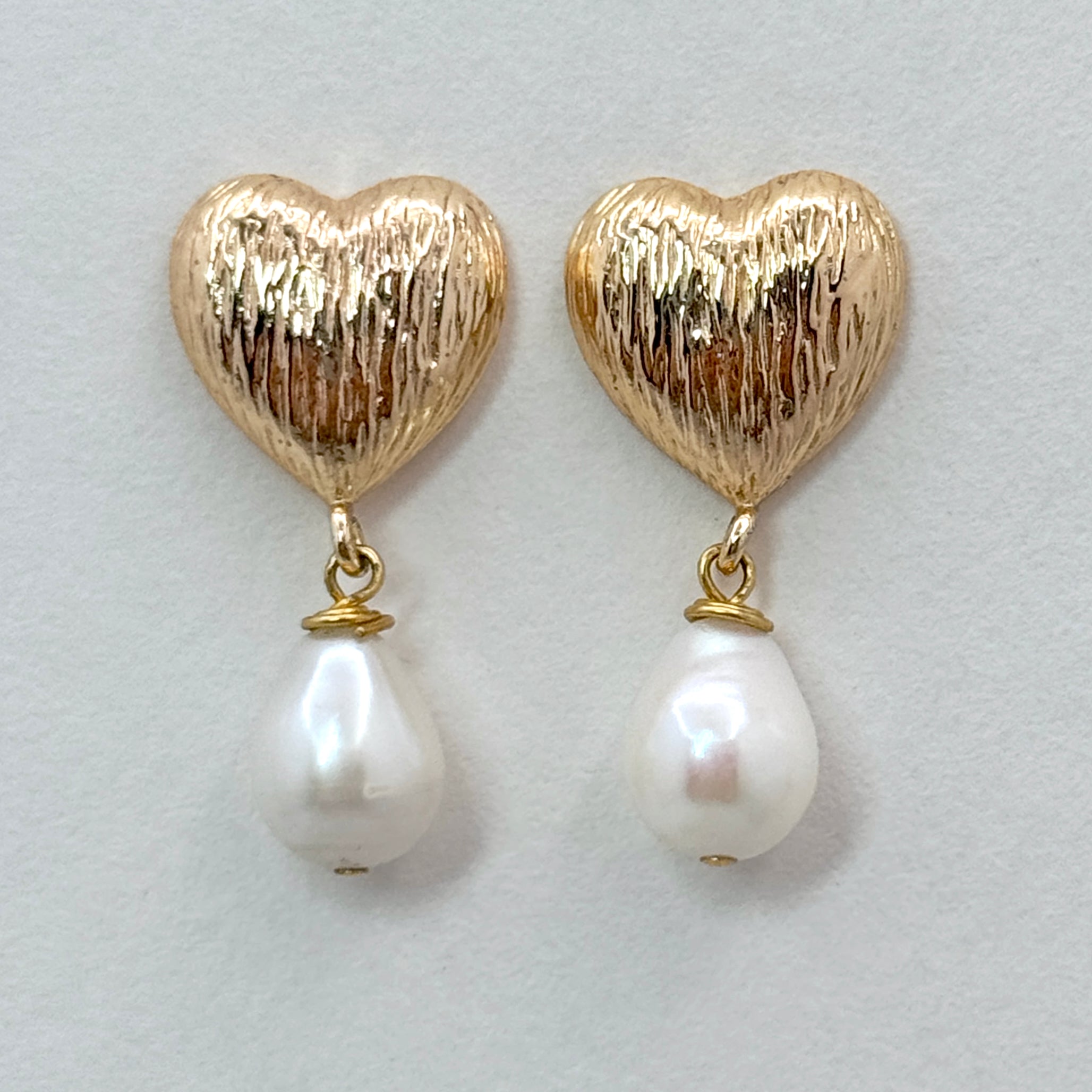 Gold Textured Heart & Pearl Drop Earrings