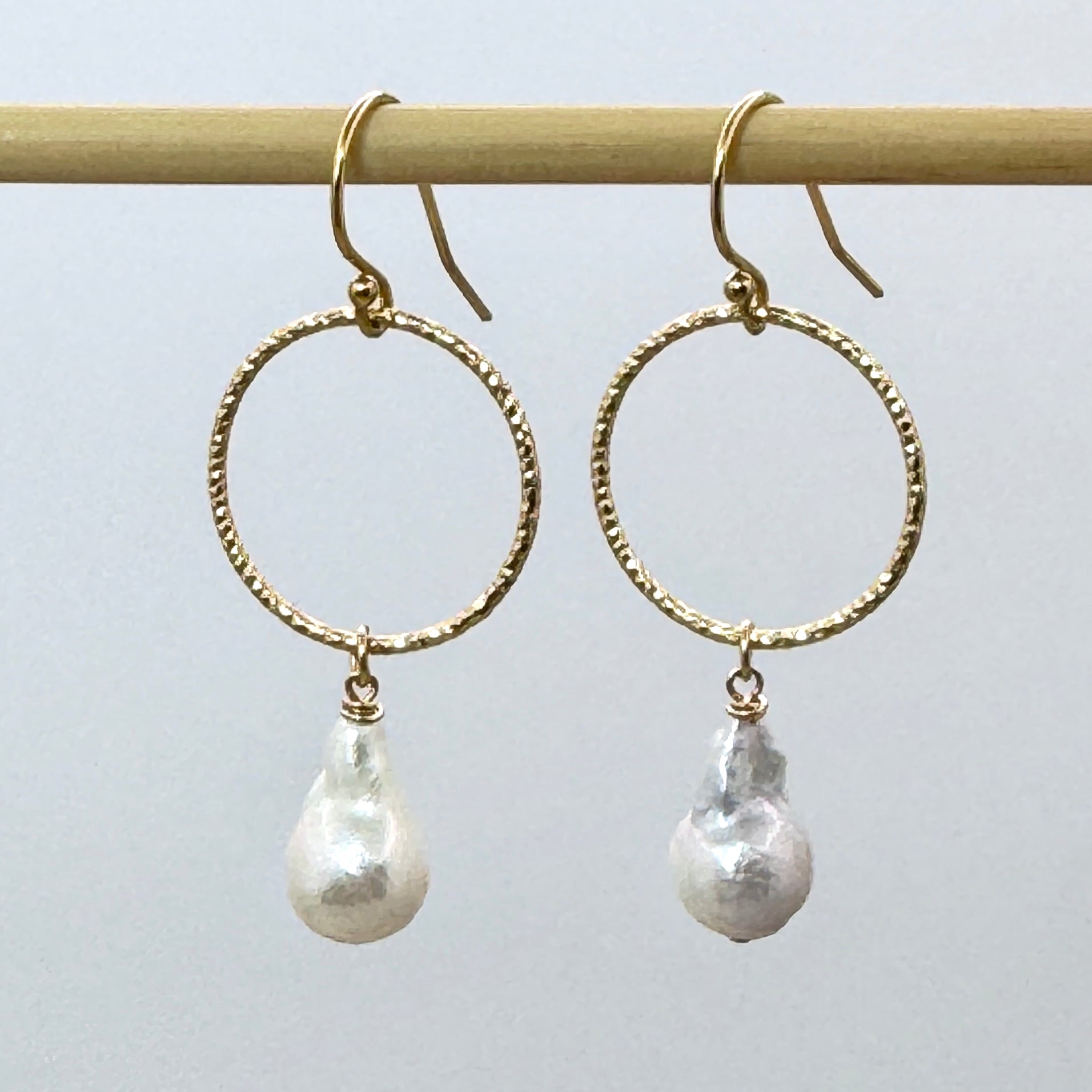 White Baroque Pearl & Gold Circle Earrings