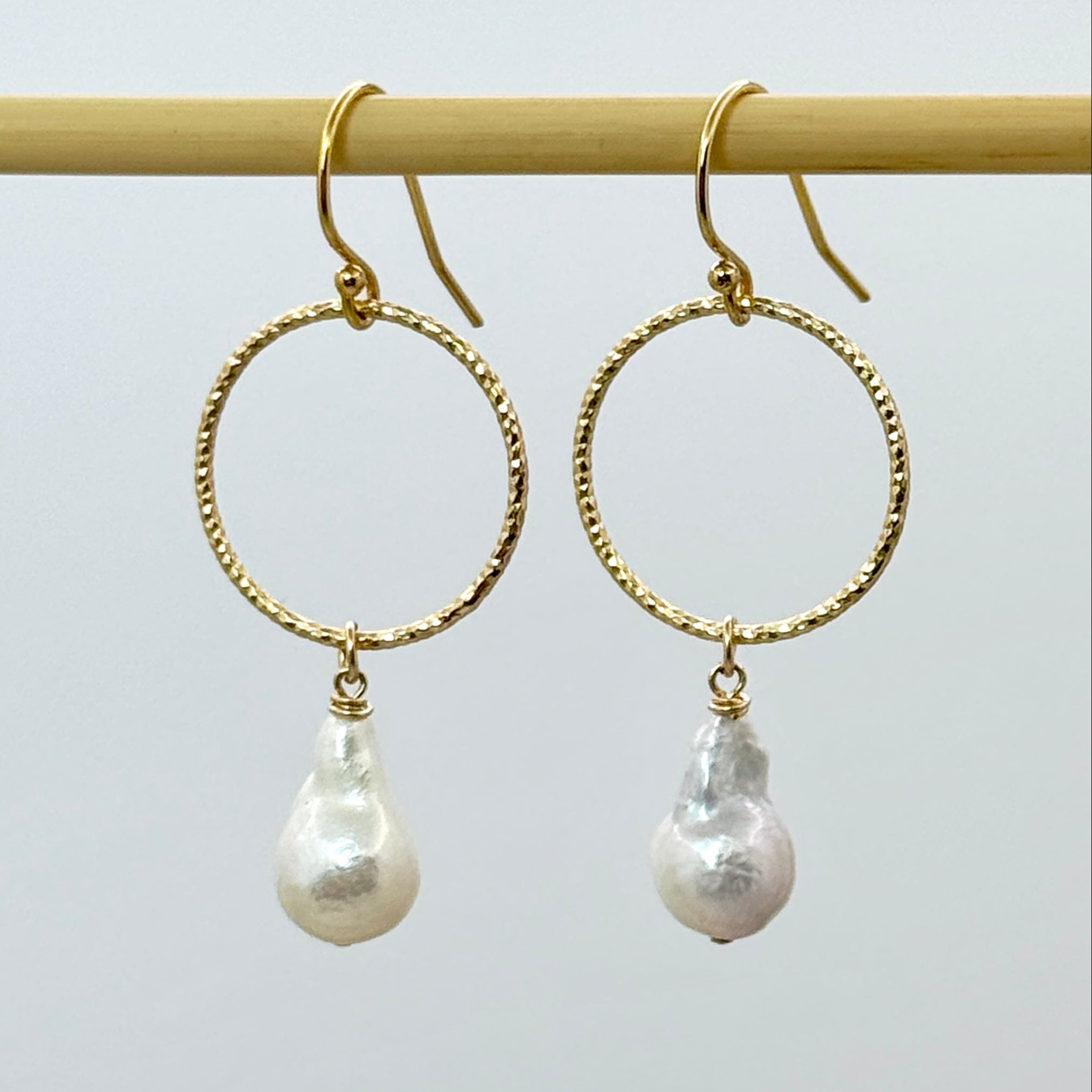 White Baroque Pearl & Gold Circle Earrings