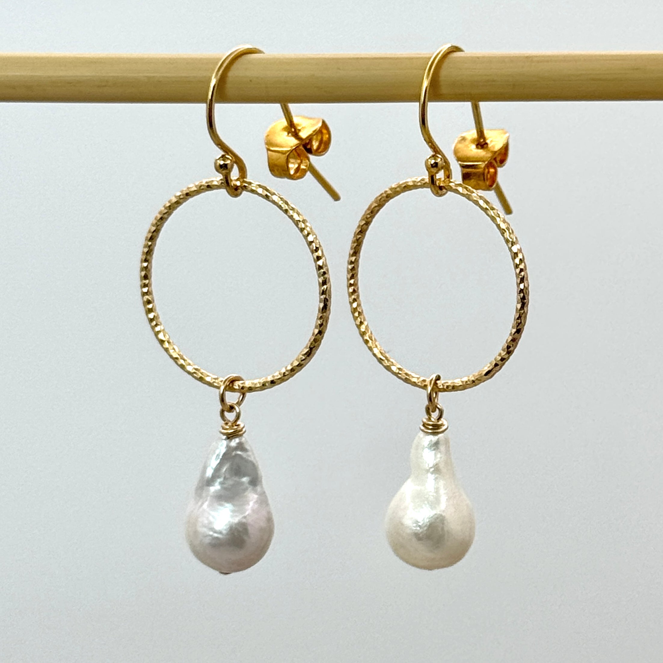 White Baroque Pearl & Gold Circle Earrings