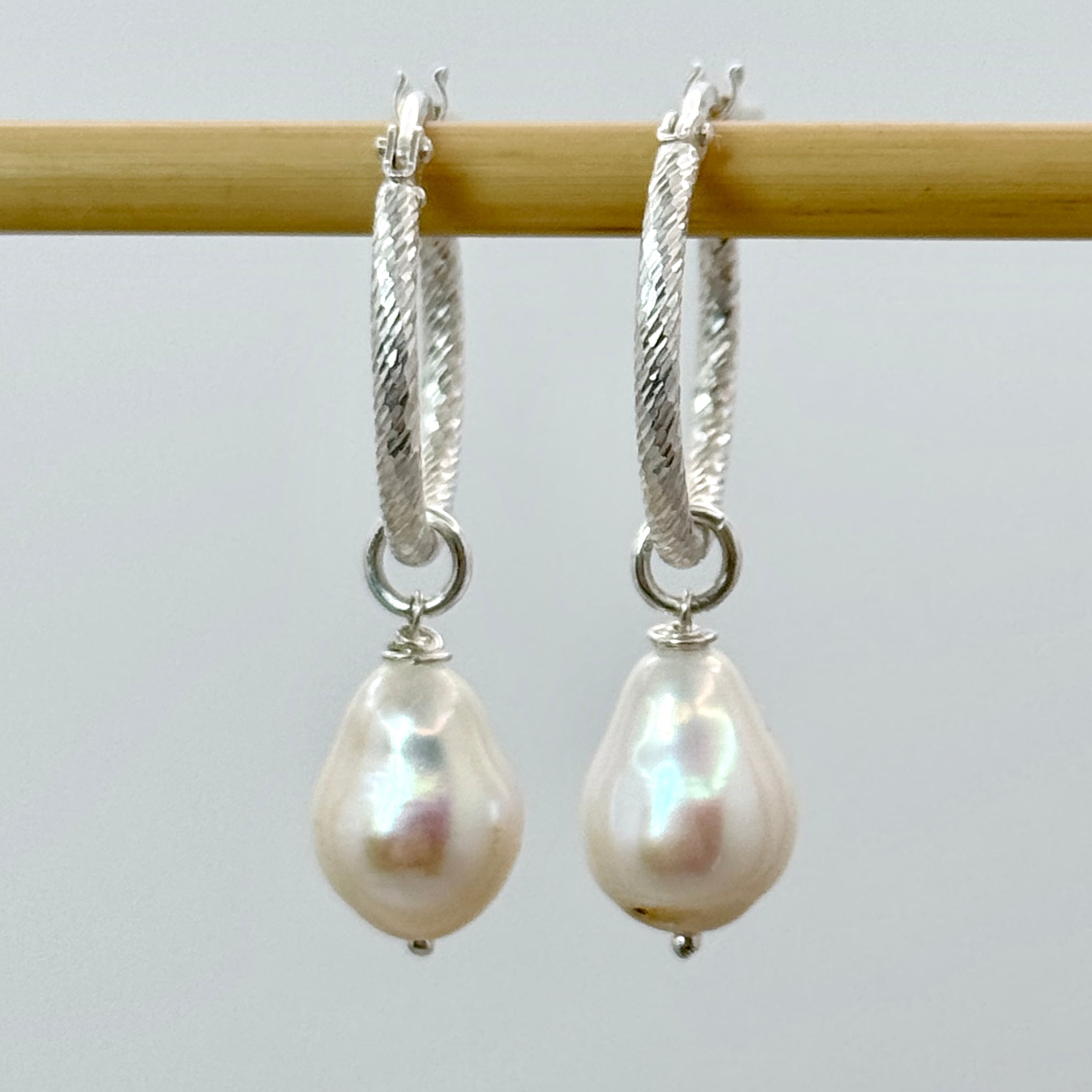 White Pearl Sterling Silver Twisted Huggies