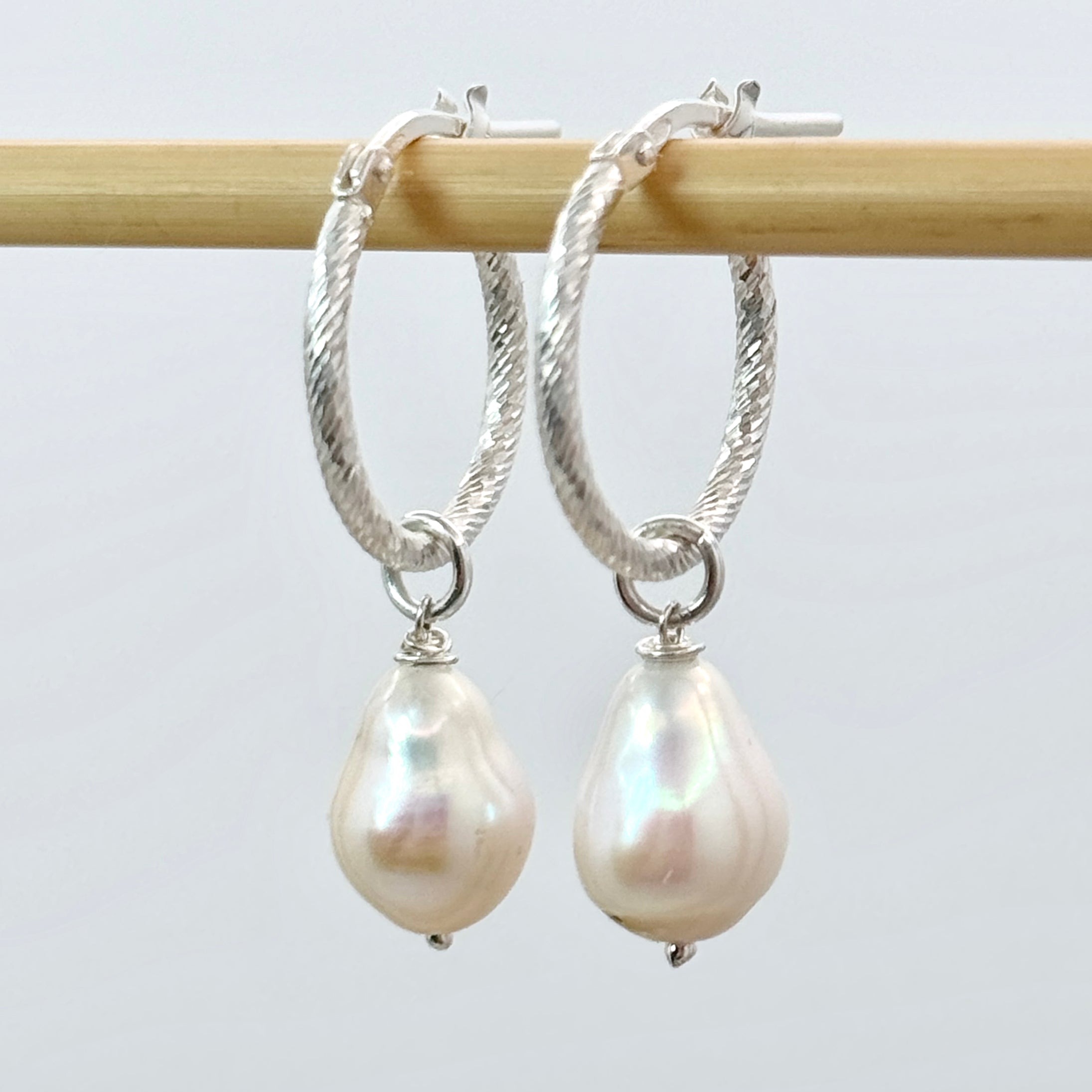 White Pearl Sterling Silver Twisted Huggies