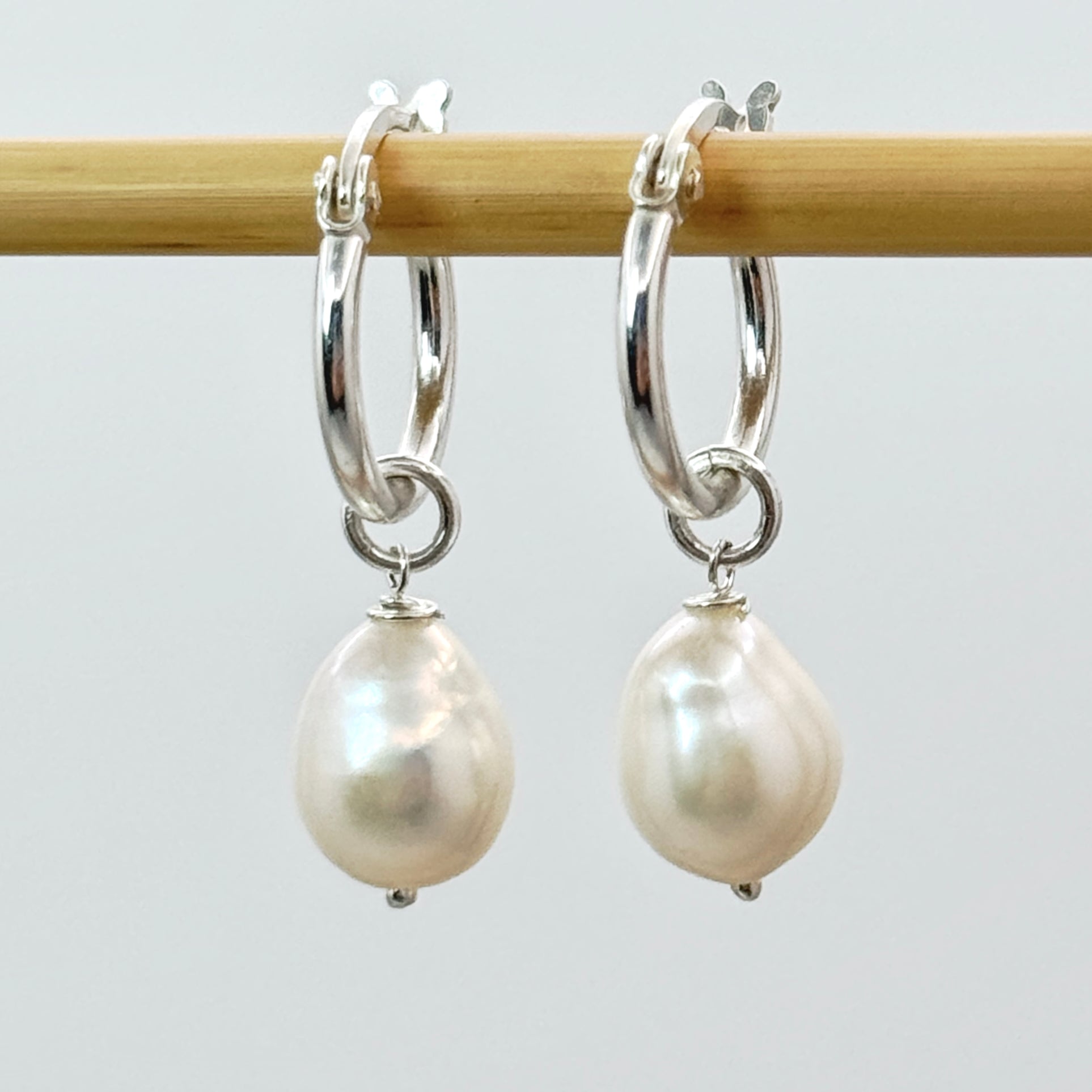 Pearl Huggie Hoop Sterling Silver Earrings