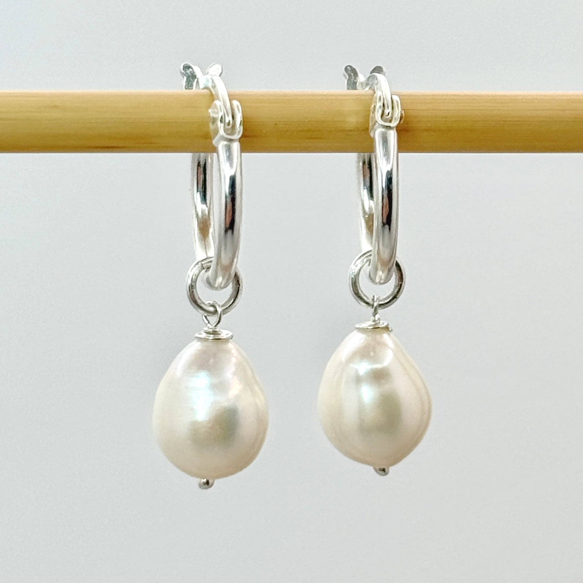 Pearl Huggie Hoop Sterling Silver Earrings