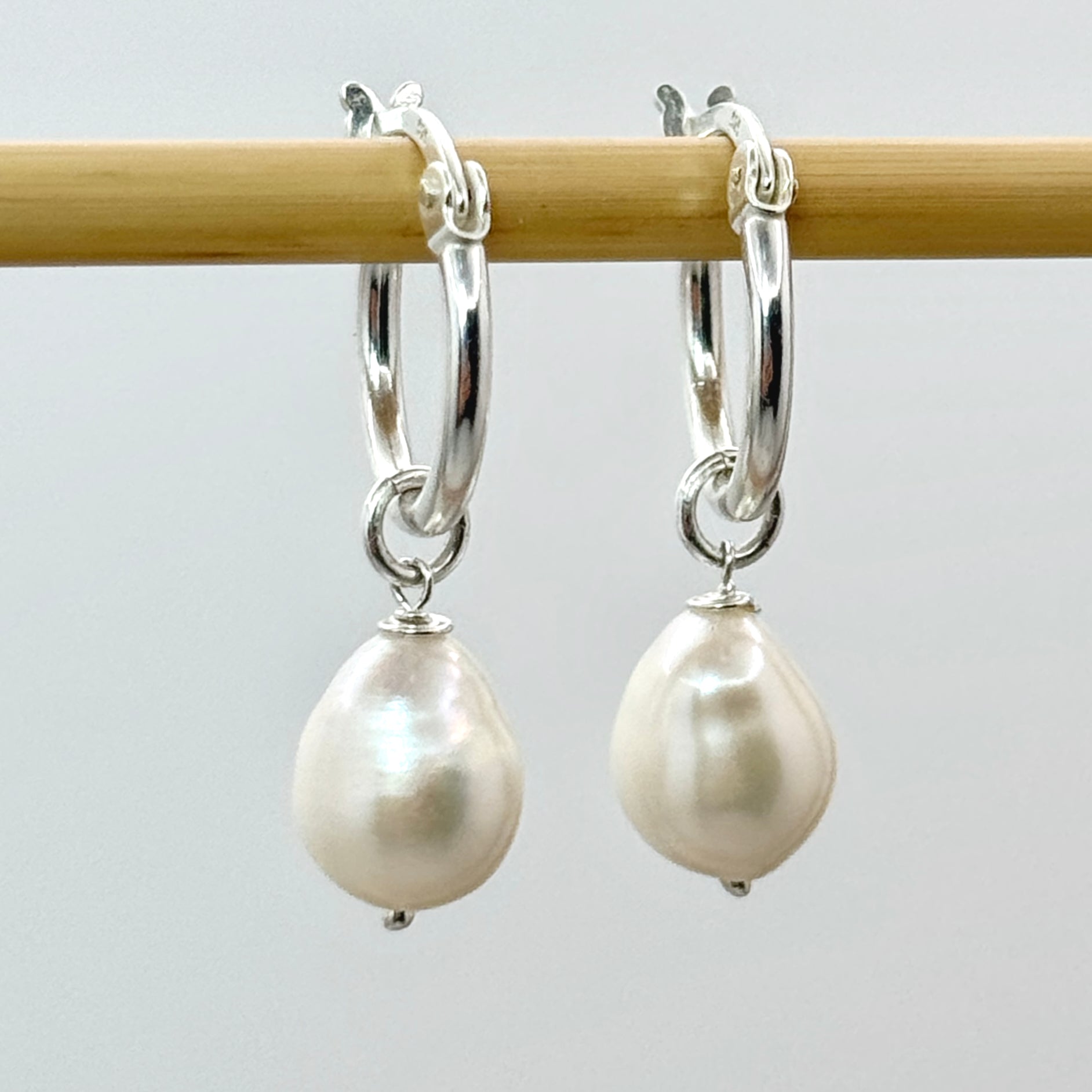 Pearl Huggie Hoop Sterling Silver Earrings
