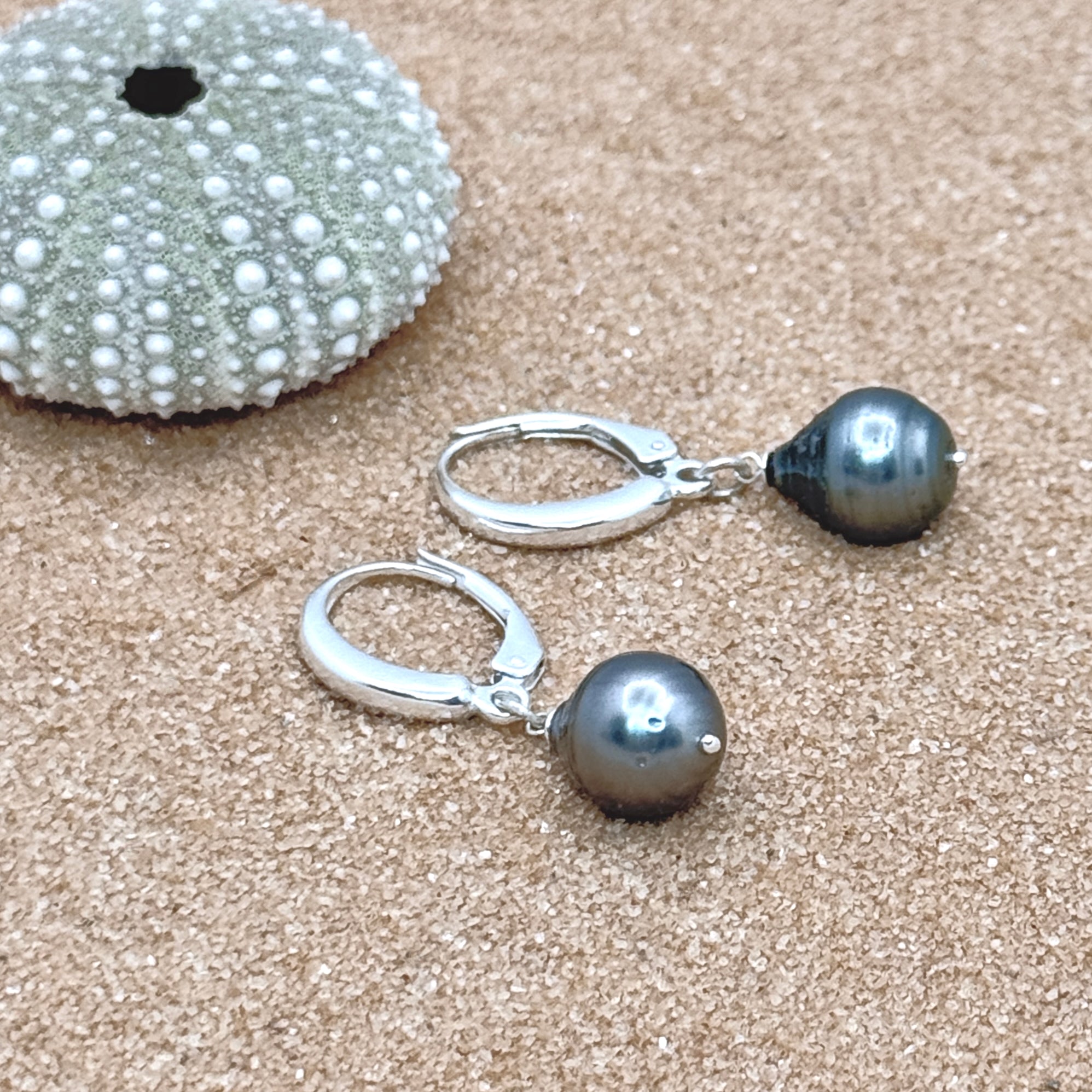 Tahitian Pearl Leverback Silver Earrings