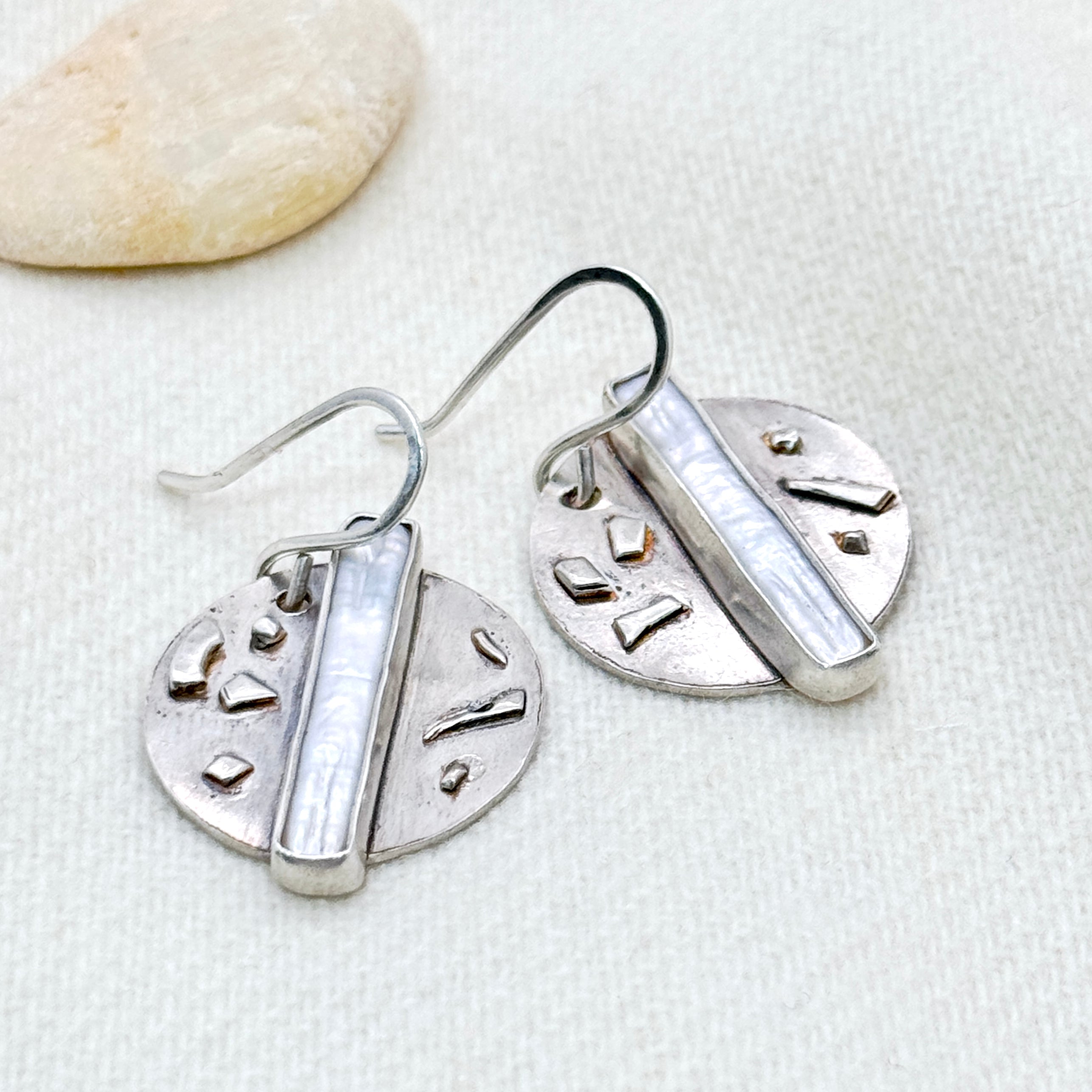 Sterling Silver Pearl Textured Disc Earrings