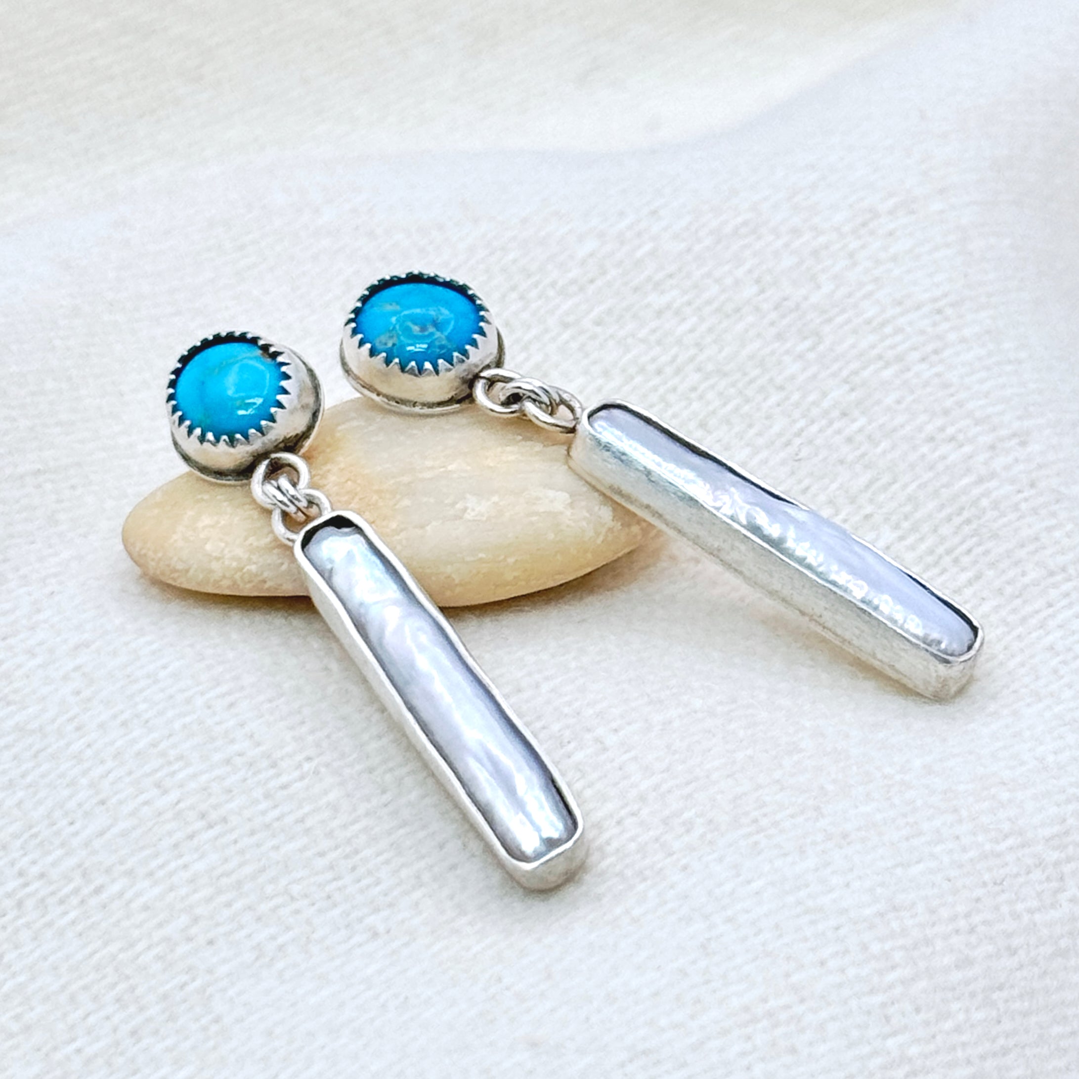Turquoise & Pearl Drop Sterling Silver Studs
