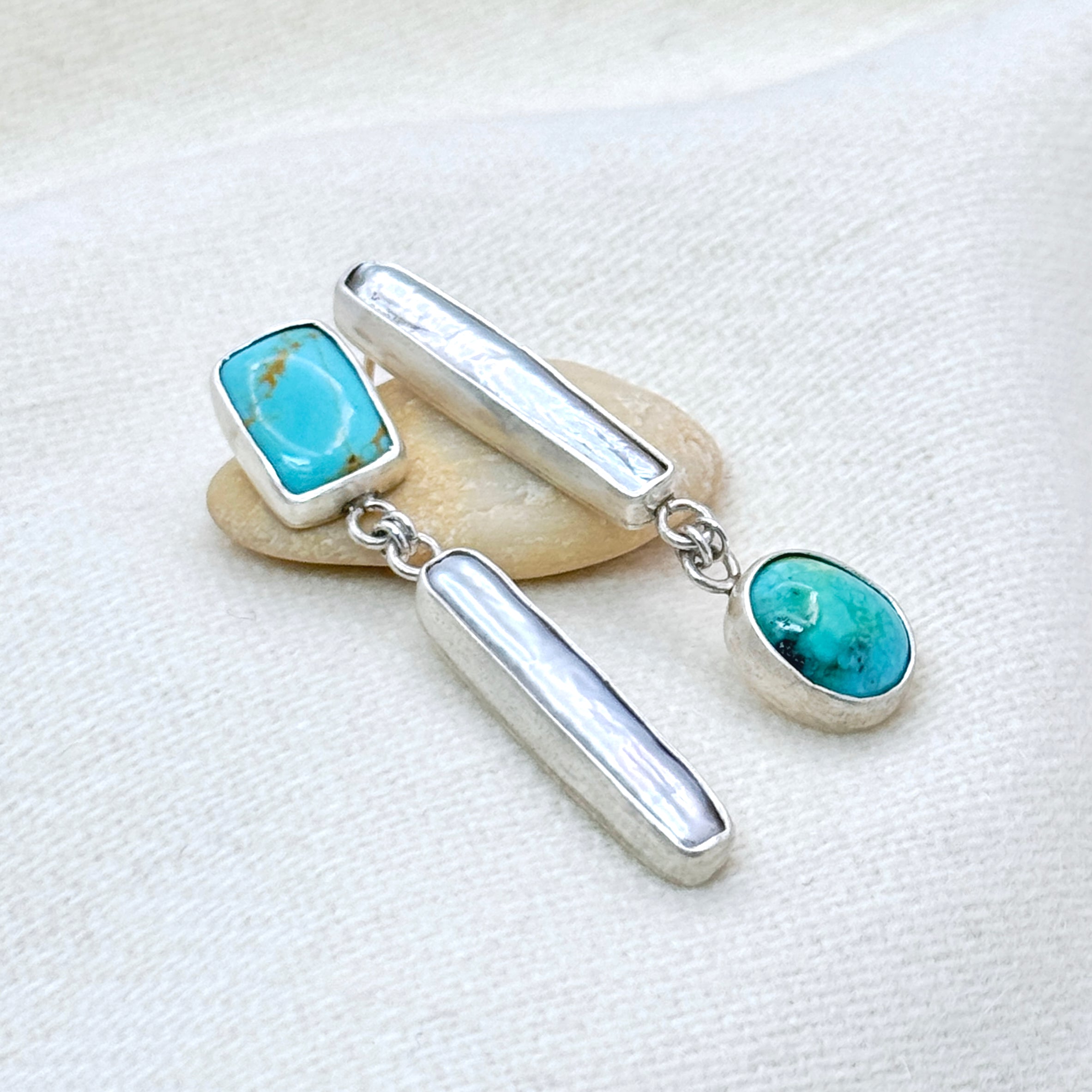 Turquoise & Pearl Asymmetrical Silver Studs