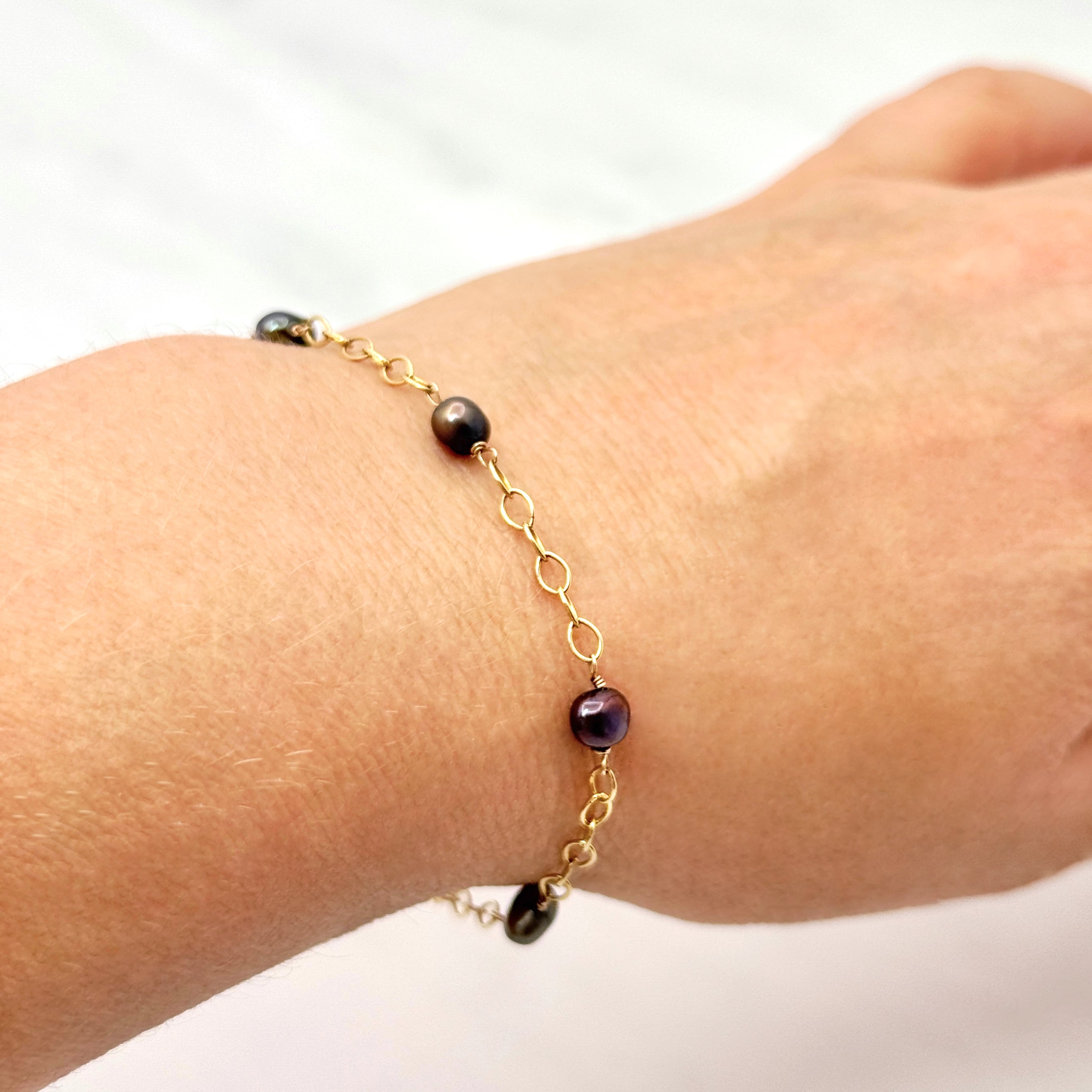 Black & Gray Pearl Gold-Filled Chain Bracelet