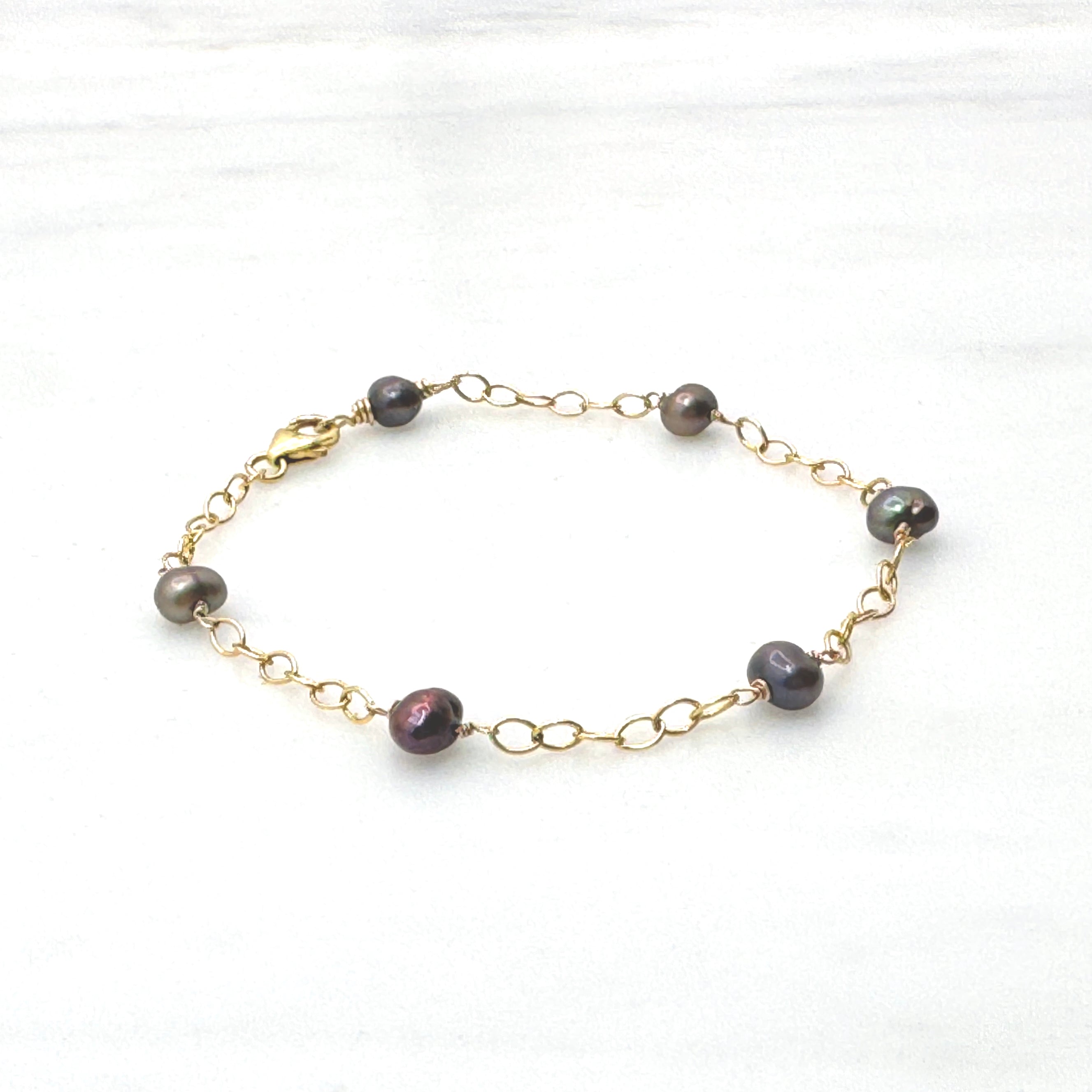 Black & Gray Pearl Gold-Filled Chain Bracelet