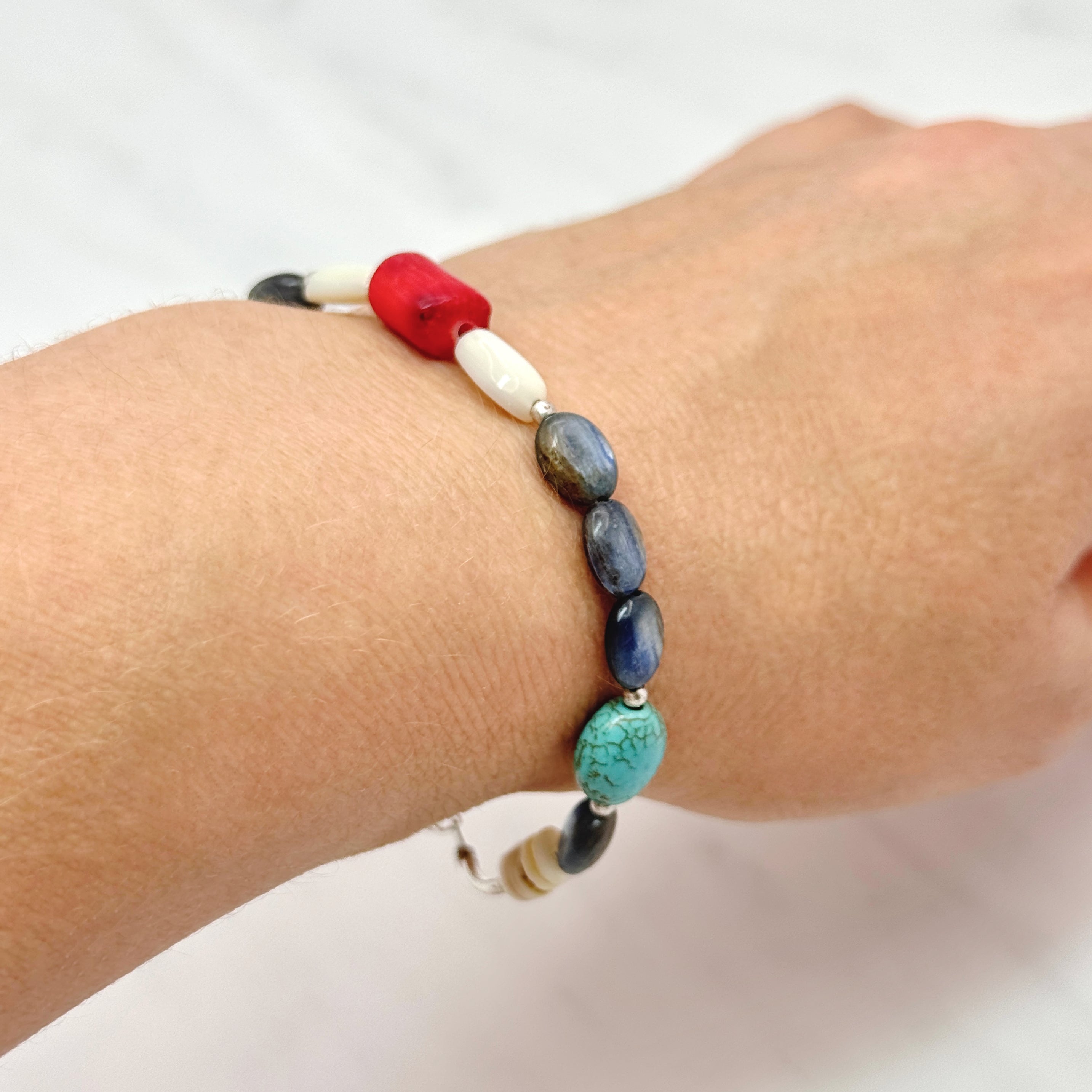 Red Coral & Kyanite Sterling Silver Bracelet