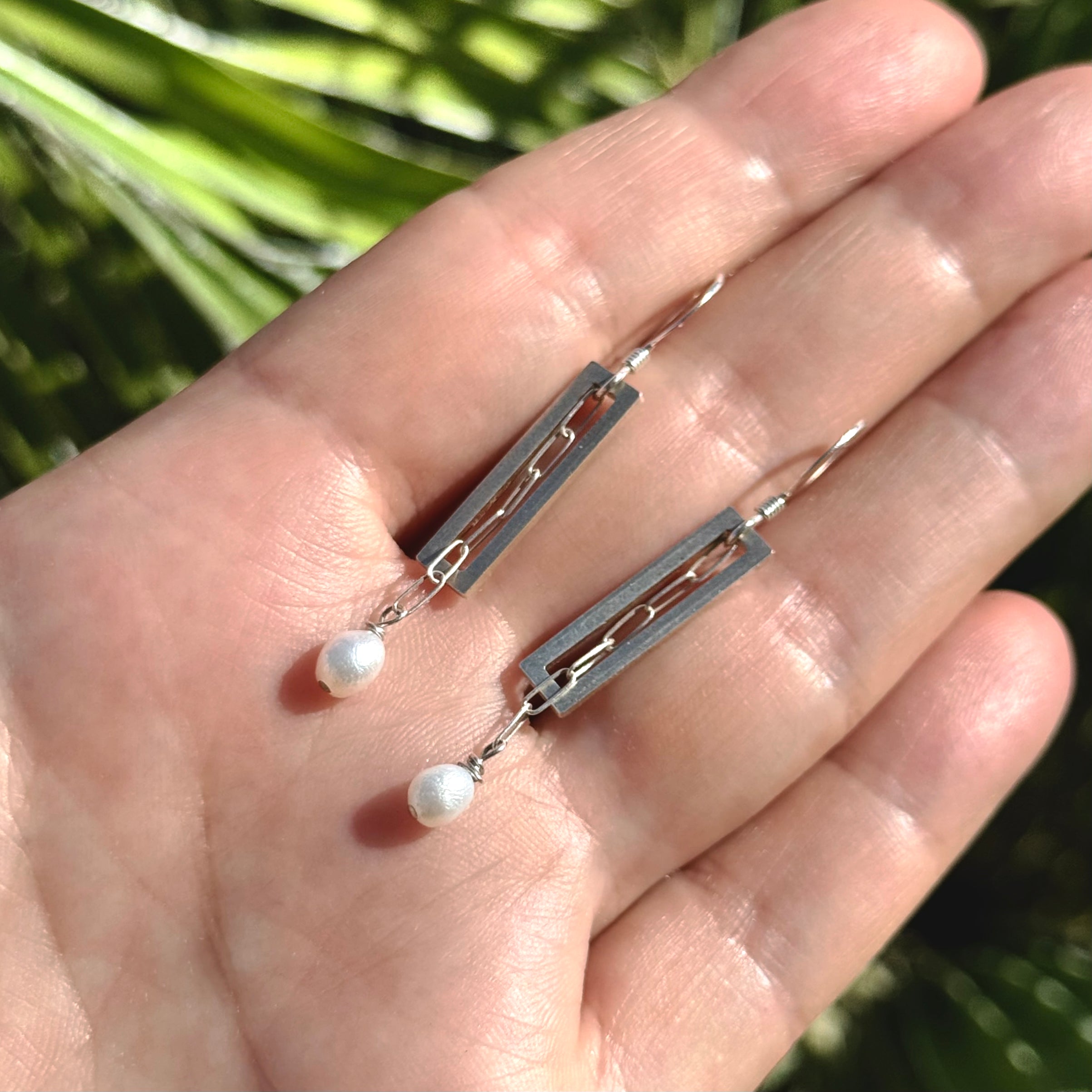 Sterling Silver Paperclip Pearl Drop Earrings
