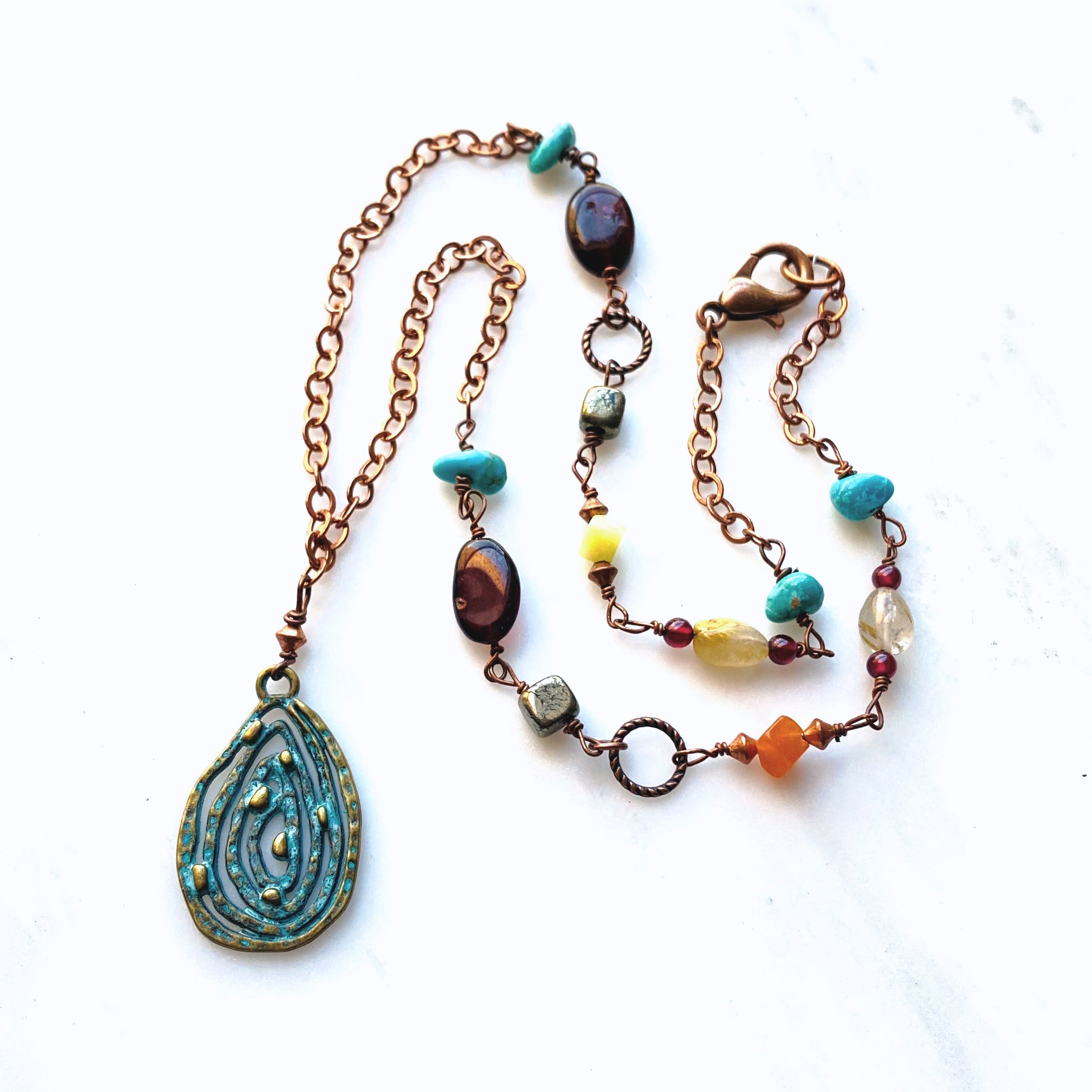 Copper Turquoise Spiral Boho Gemstone Necklace