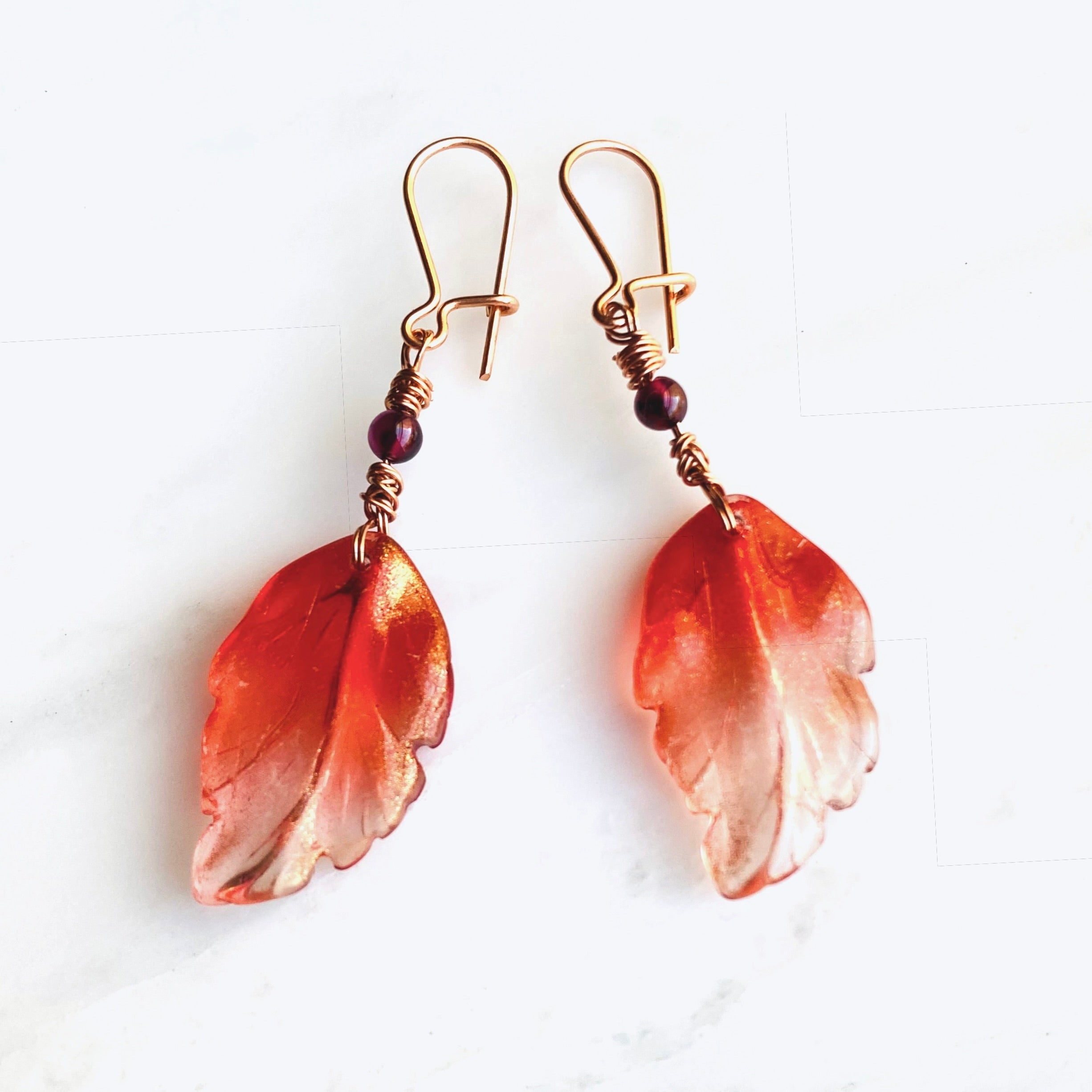 Copper Autumn Leaf Garnet Drop Earrings