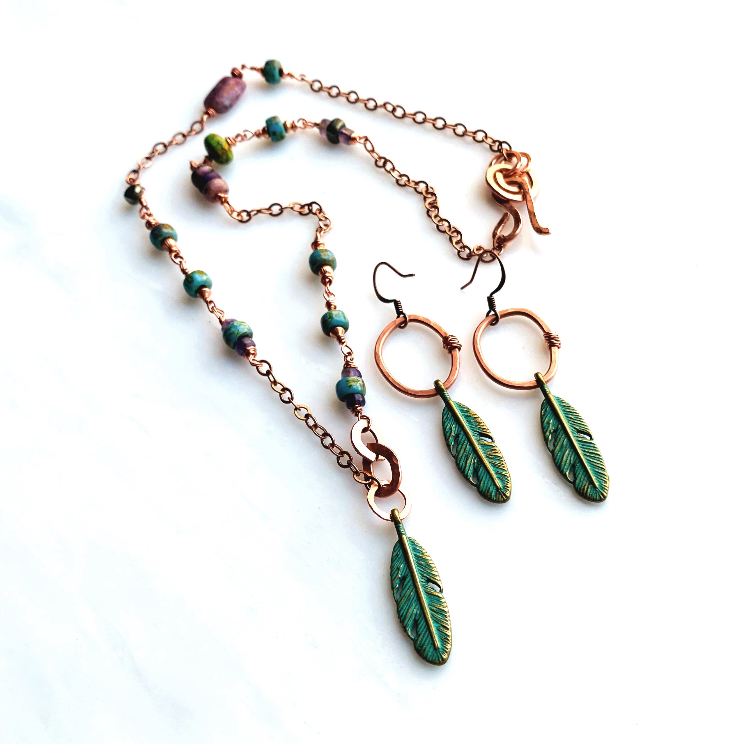 Copper Patina Feather Boho Hoop Earrings