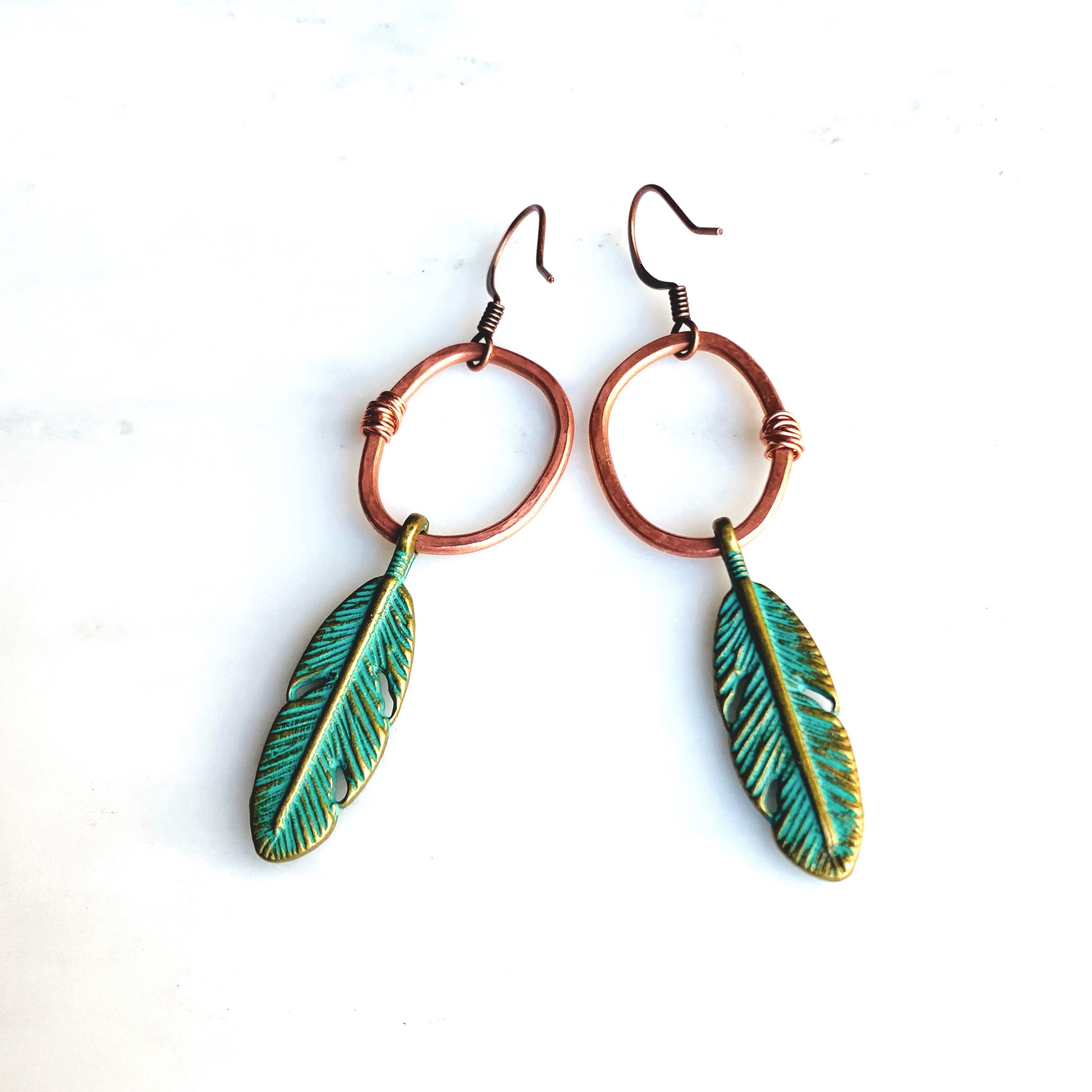 Copper Patina Feather Boho Hoop Earrings