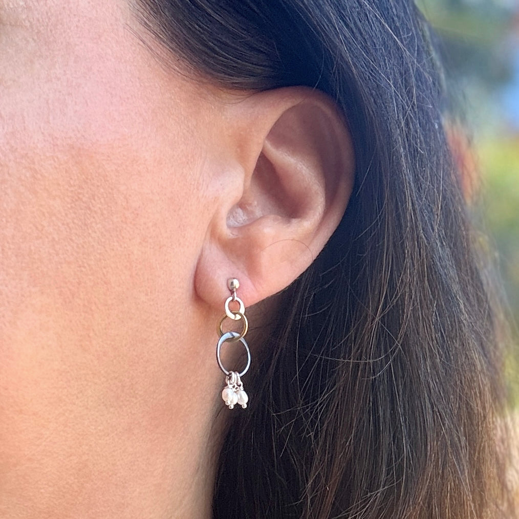 Tiny White Pearl Mixed Metal Drop Earrings