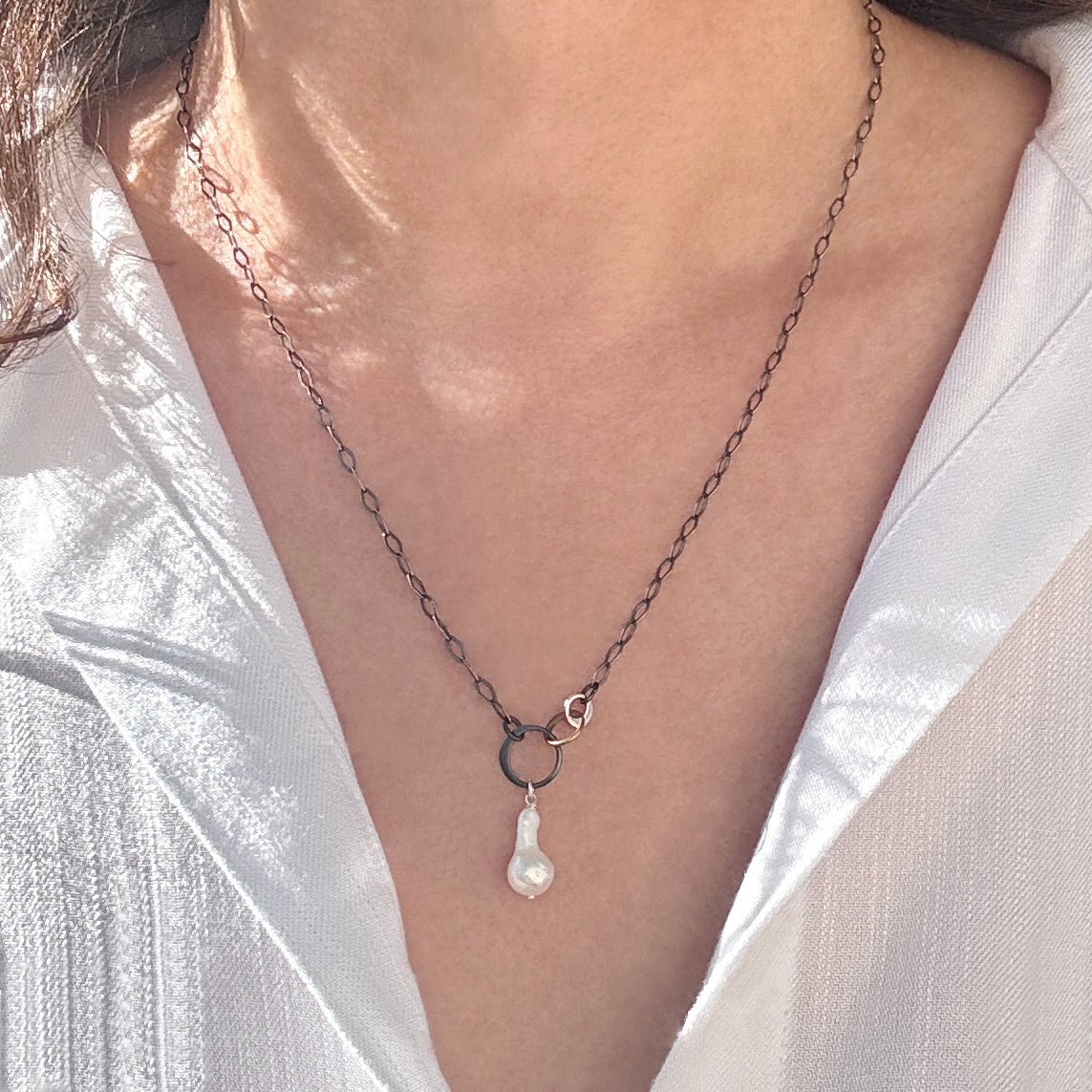 White Fireball Pearl Oxidized Silver Necklace