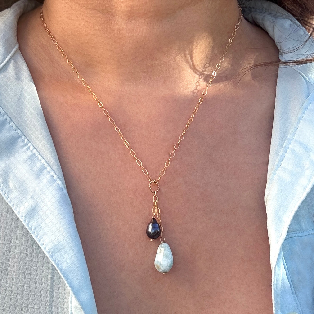 Larimar and Pearl Gold Y Necklace with Charms