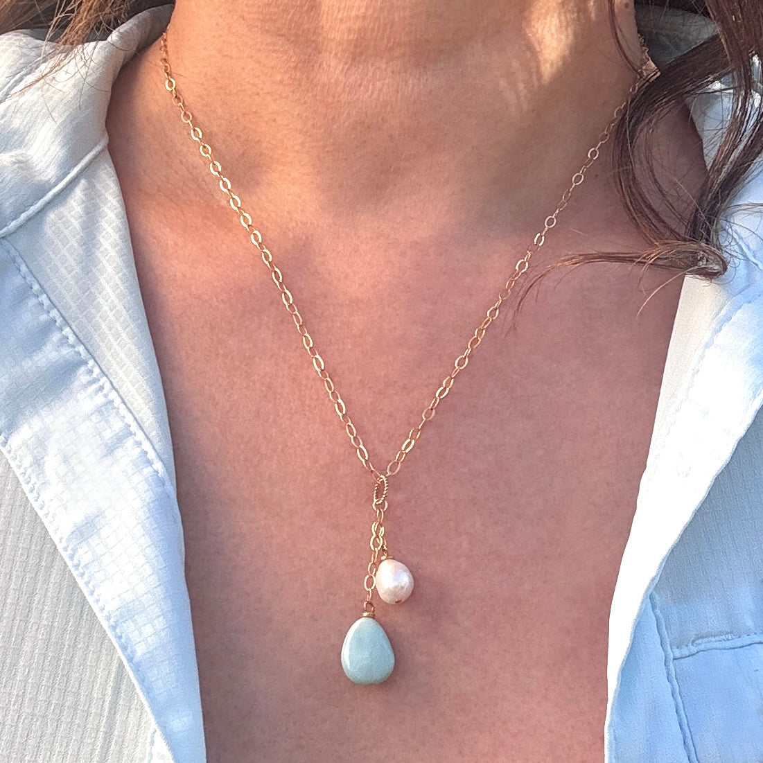 Larimar and Pearl Gold Y Necklace with Charms