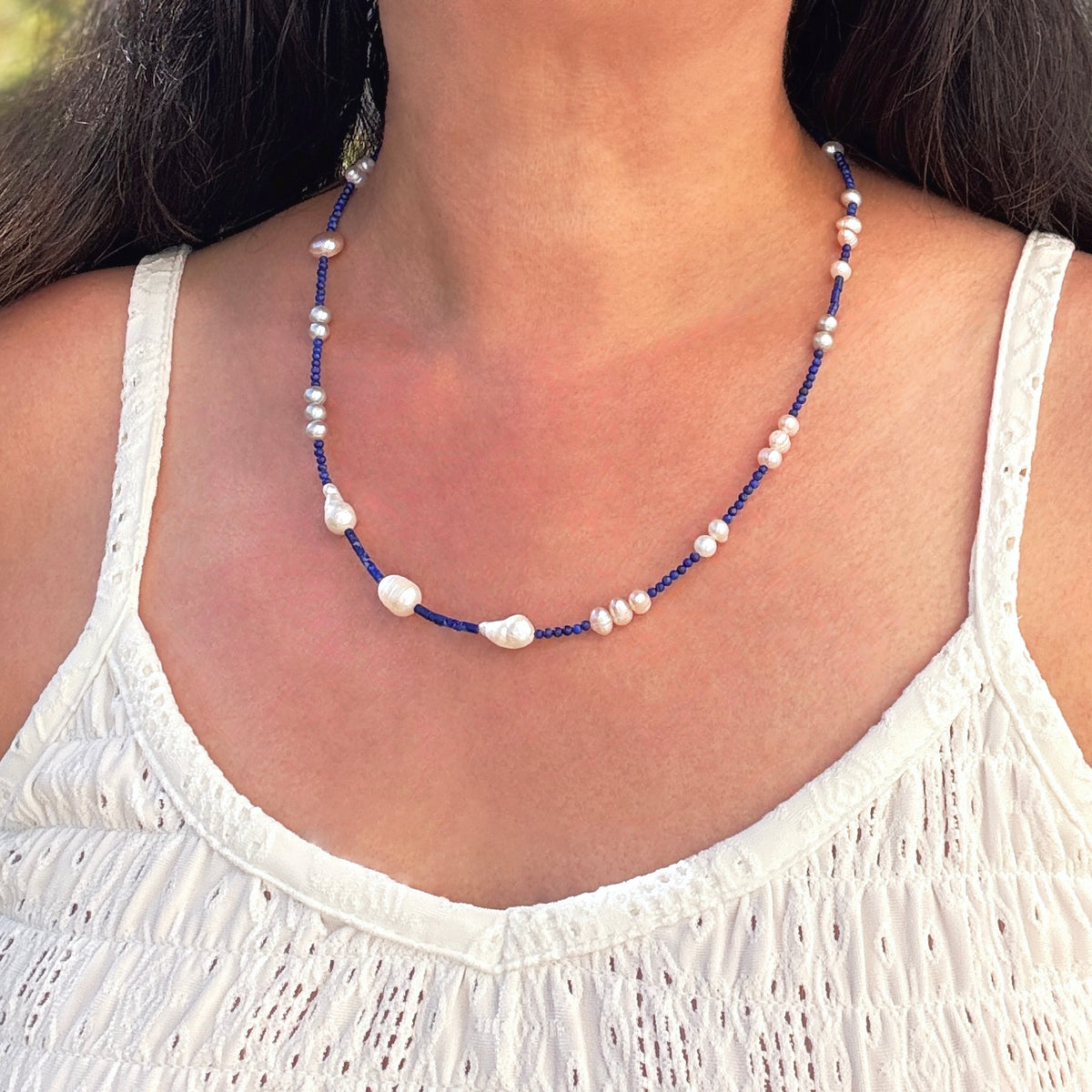 Baroque Pearl, Lapis & 925 Silver Necklace