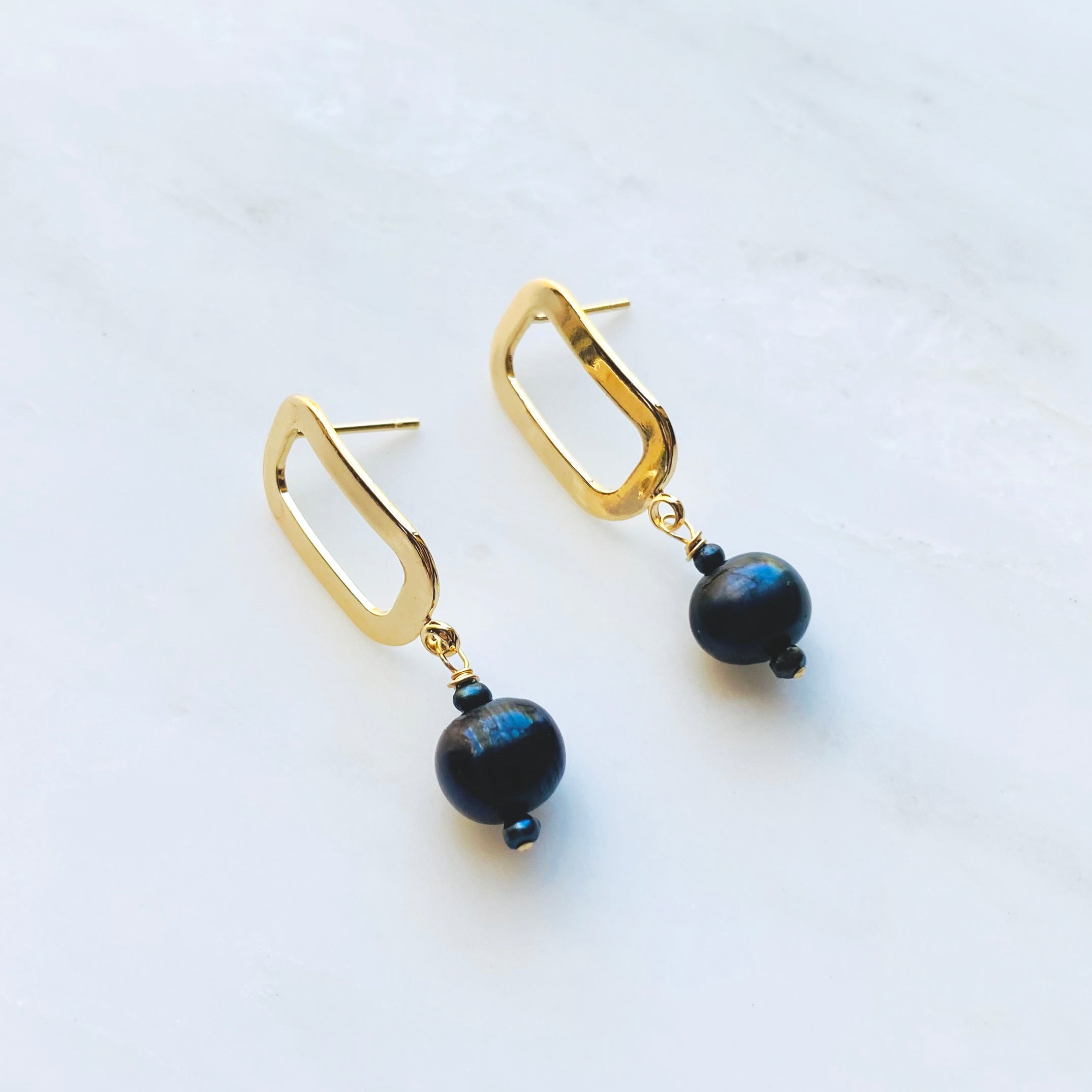 Gold-Filled Peacock Pearl Rectangle Earrings