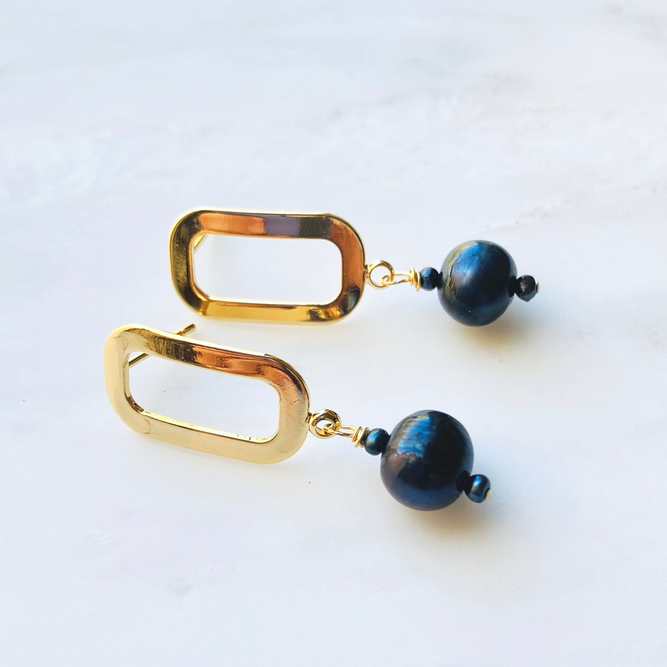 Gold-Filled Peacock Pearl Rectangle Earrings