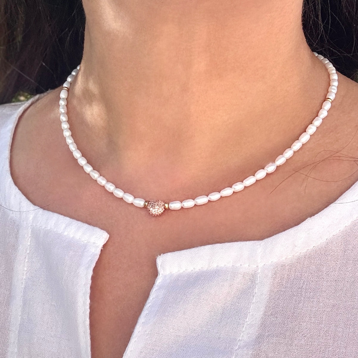 Pearl Necklace With CZ Heart Accent