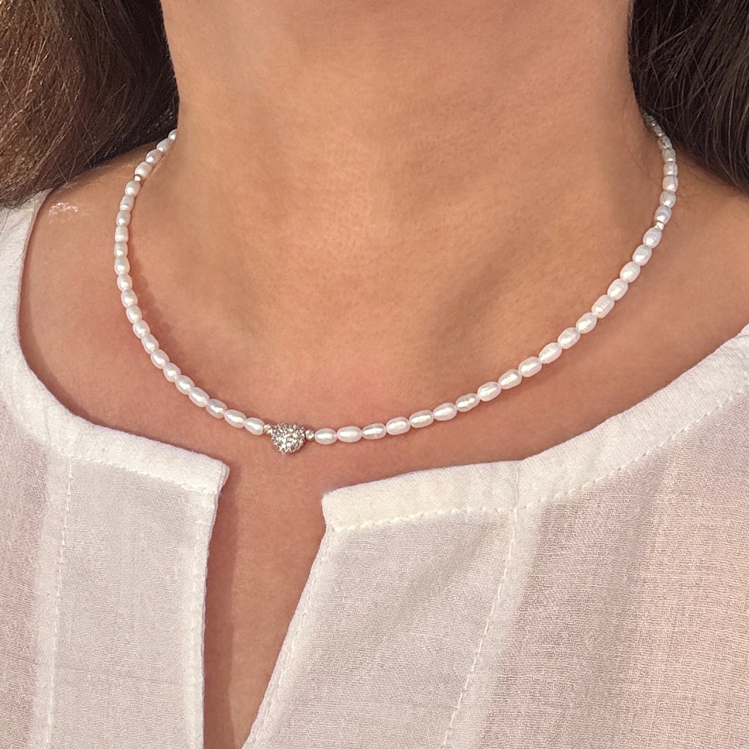 Pearl Necklace With CZ Silver Heart Accent