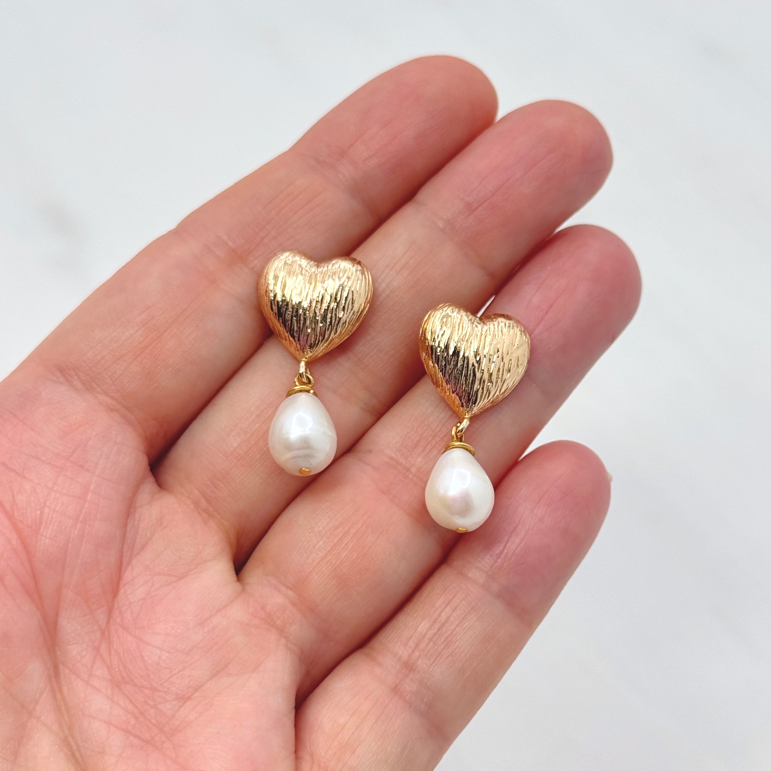 Gold Textured Heart & Pearl Drop Earrings