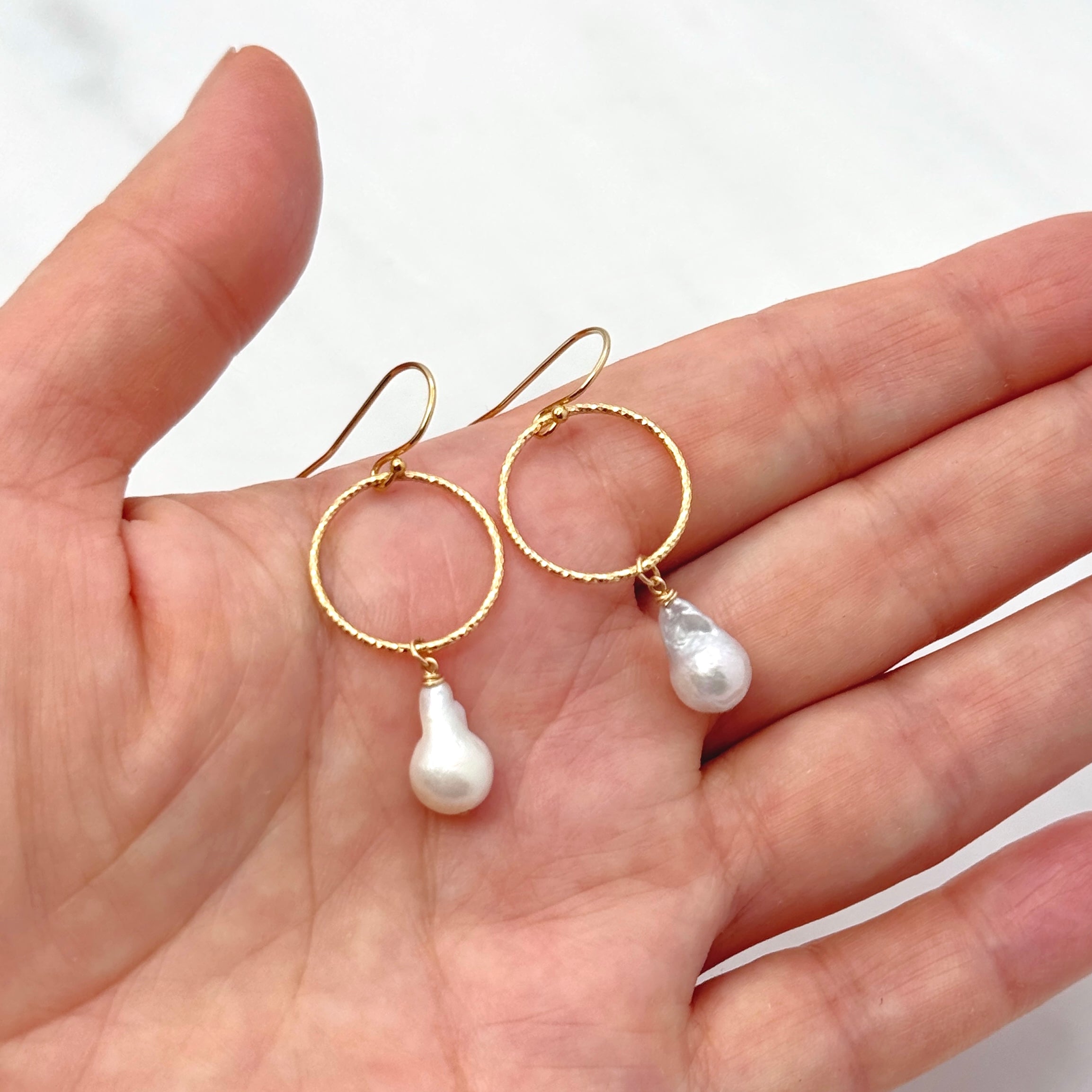 White Baroque Pearl & Gold Circle Earrings