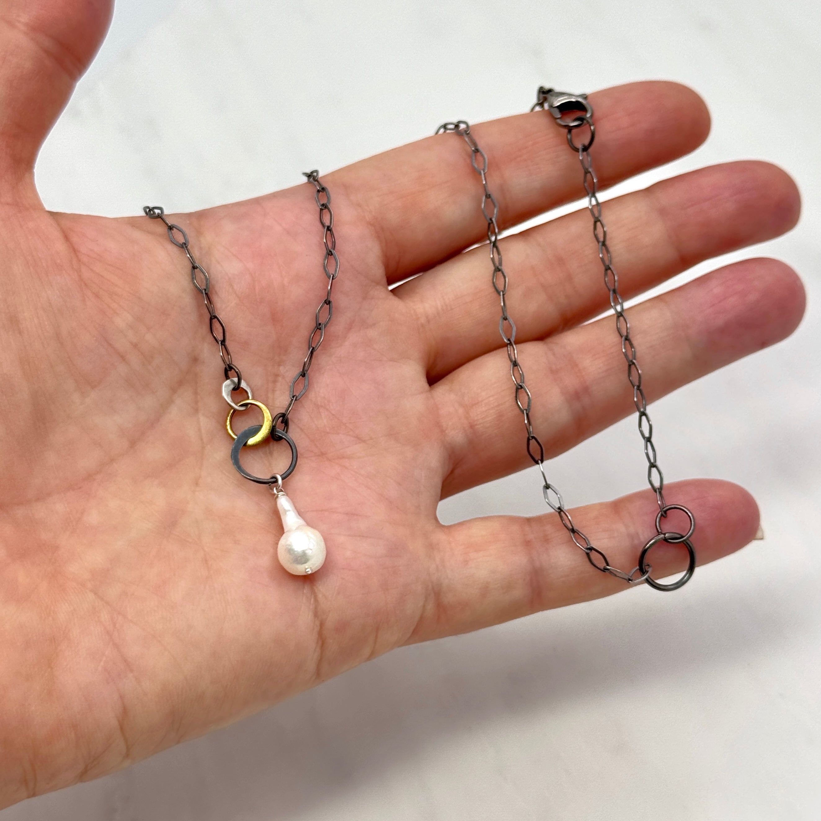 White Fireball Pearl Oxidized Silver Necklace